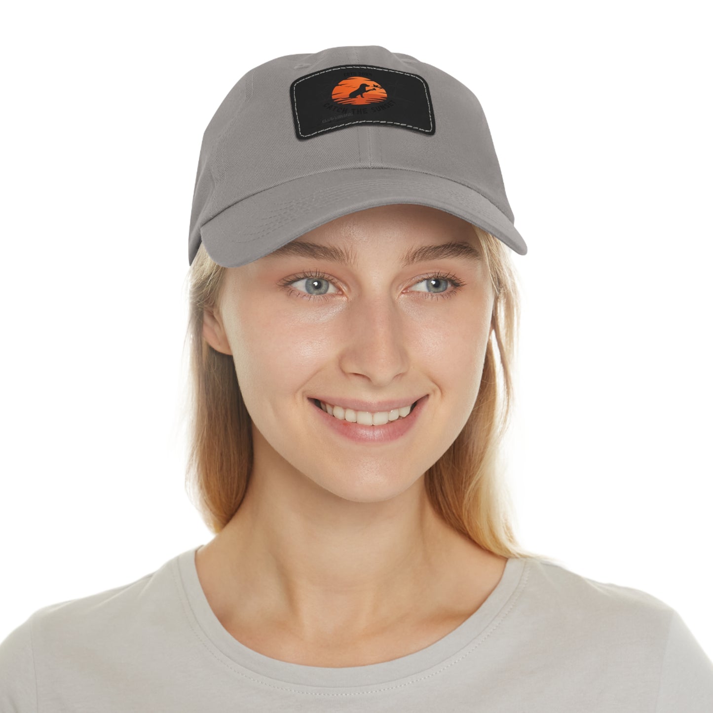 Catch the sunset, dog and butterfly, Dad Hat with Leather Patch (Rectangle)
