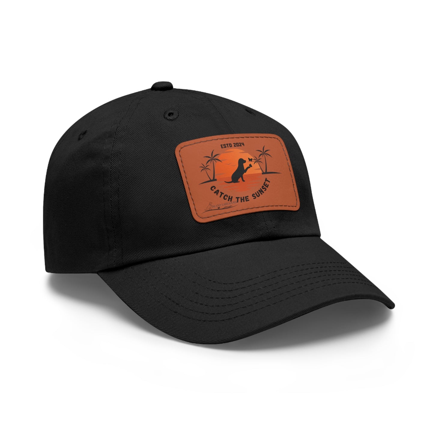 Catch the sunset, dog and butterfly, Dad Hat with Leather Patch (Rectangle)