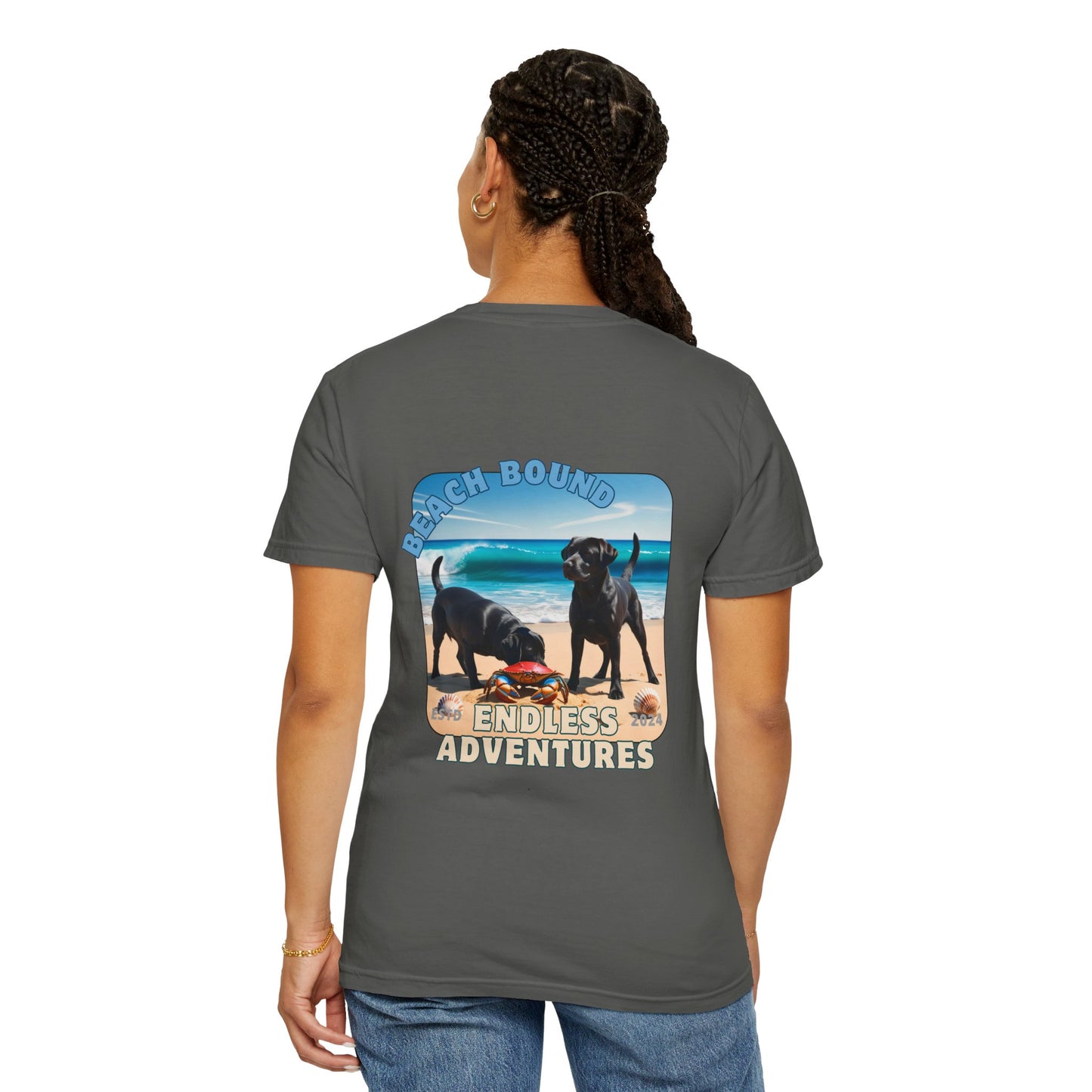 Jetty’s Adventures, Beach Bound, two labs , Unisex Garment-Dyed T-shirt
