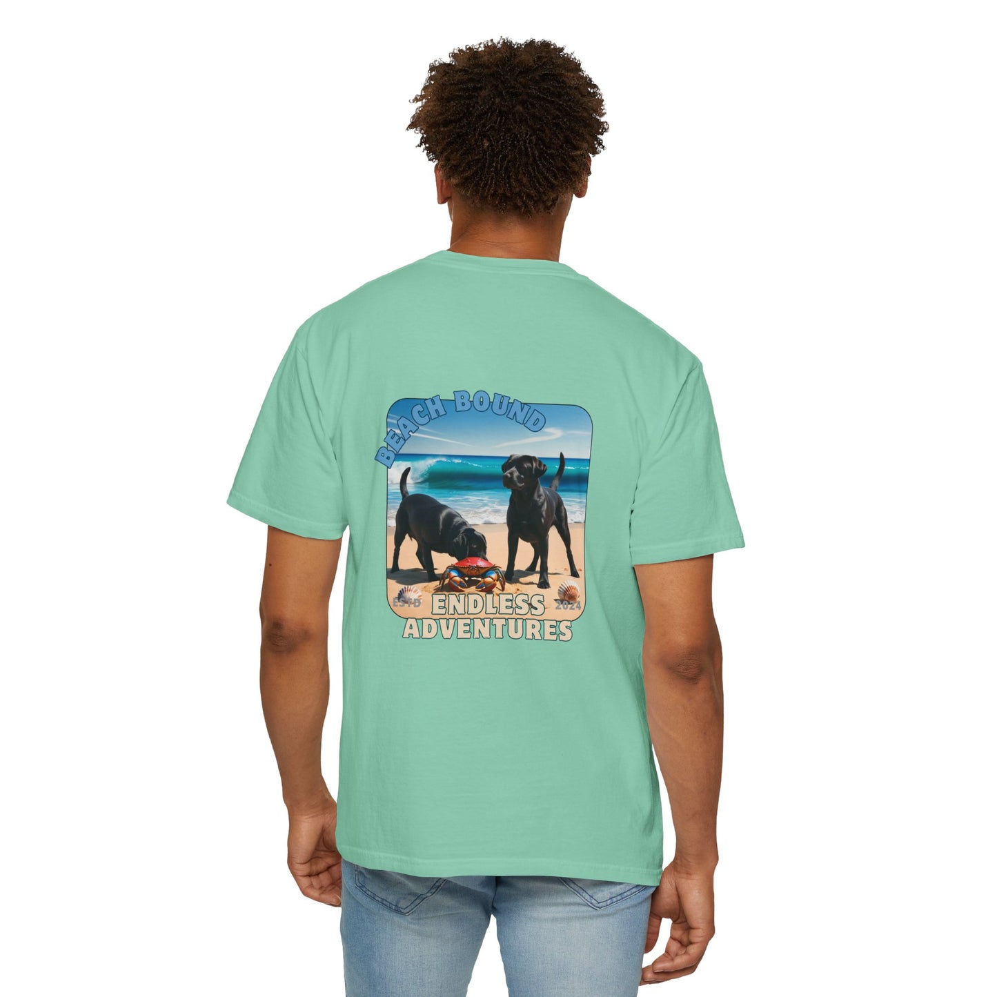 Jetty’s Adventures, Beach Bound, two labs , Unisex Garment-Dyed T-shirt