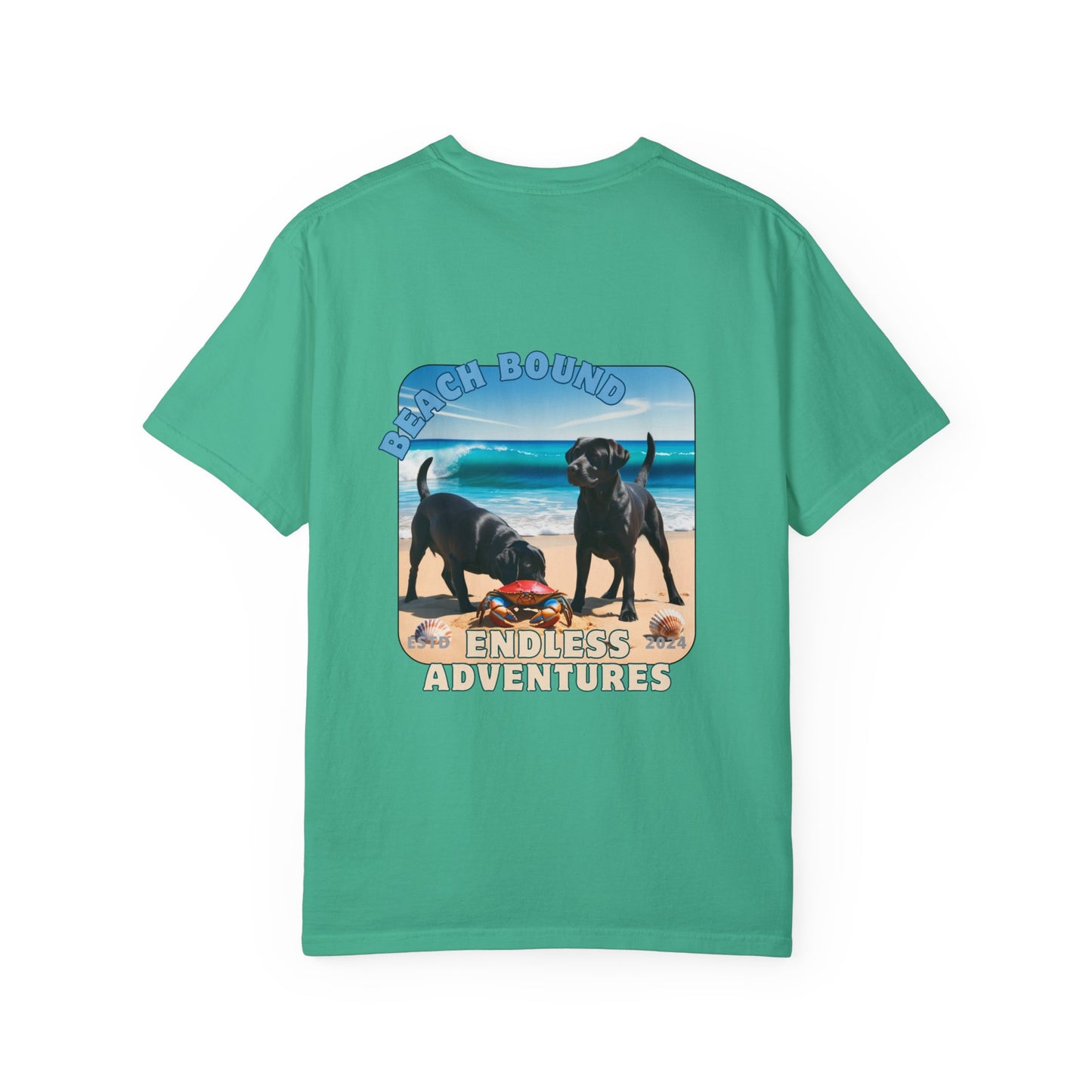 Jetty’s Adventures, Beach Bound, two labs , Unisex Garment-Dyed T-shirt