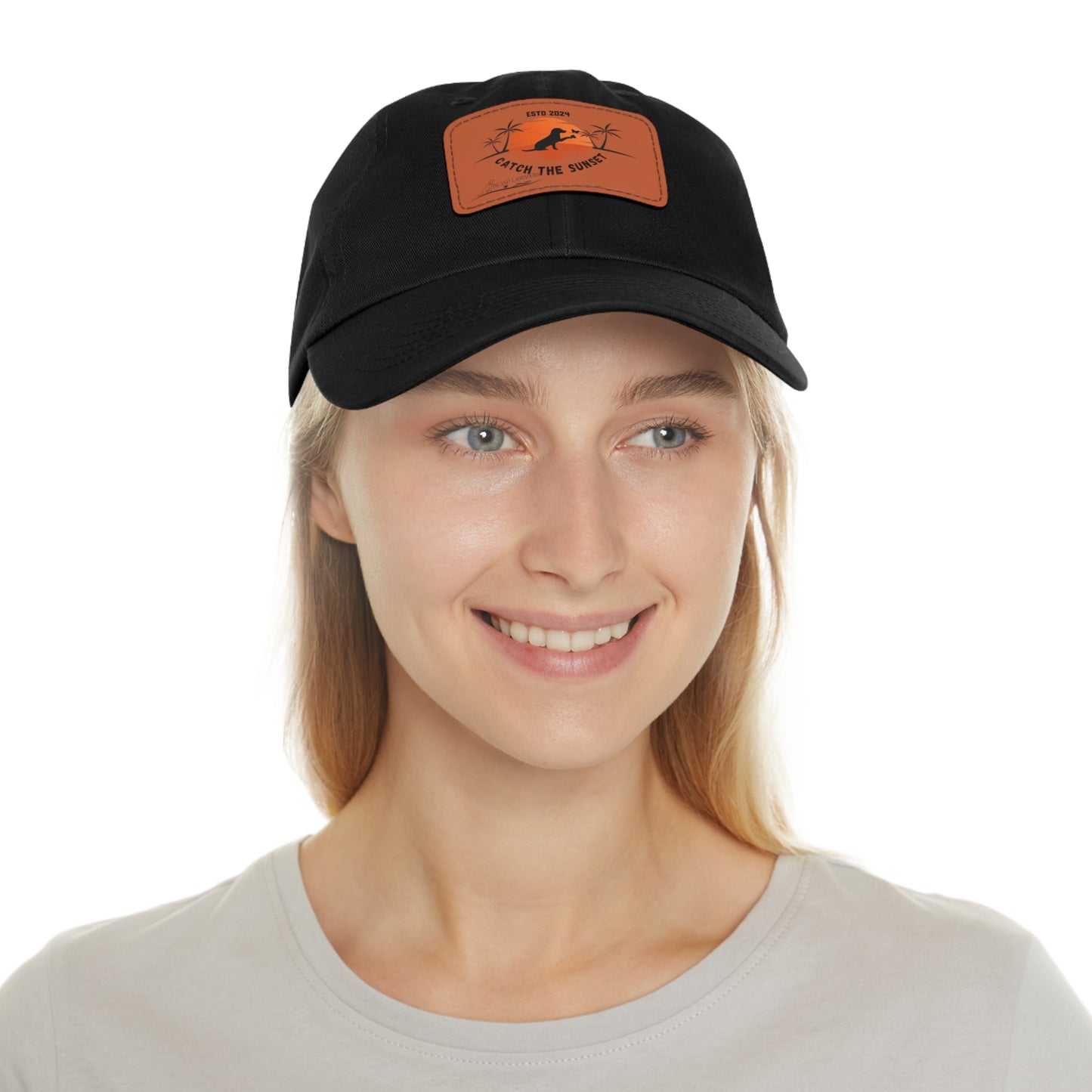 Catch the sunset, dog and butterfly, Dad Hat with Leather Patch (Rectangle)