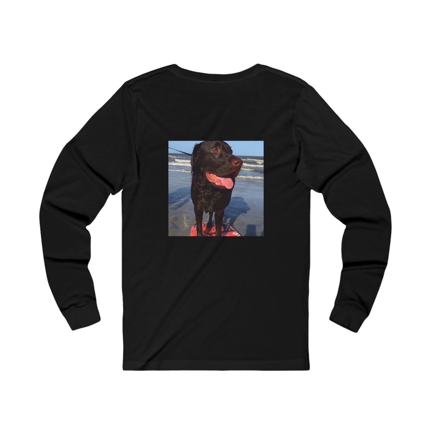Caspian surfing at Jekyll Island, Chocolate Service dog, Unisex Jersey Long Sleeve Tee