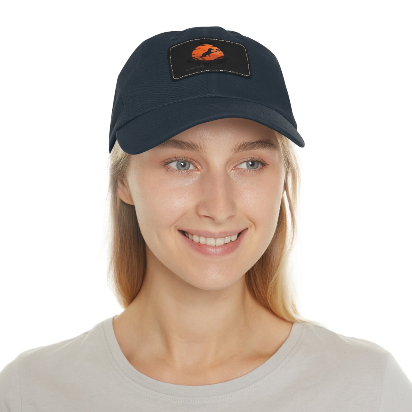 Catch the sunset, dog and butterfly, Dad Hat with Leather Patch (Rectangle)