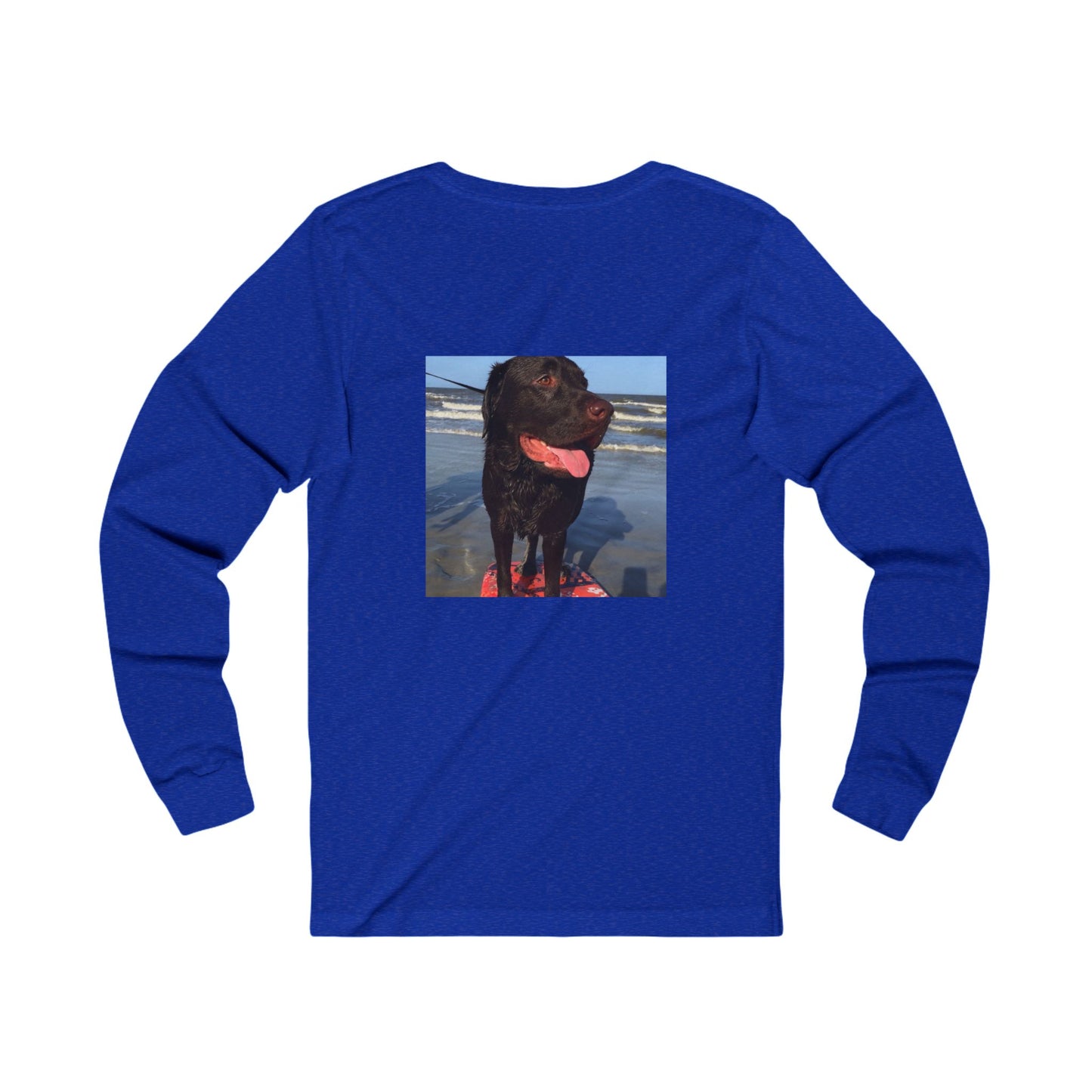 Caspian surfing at Jekyll Island, Chocolate Service dog, Unisex Jersey Long Sleeve Tee