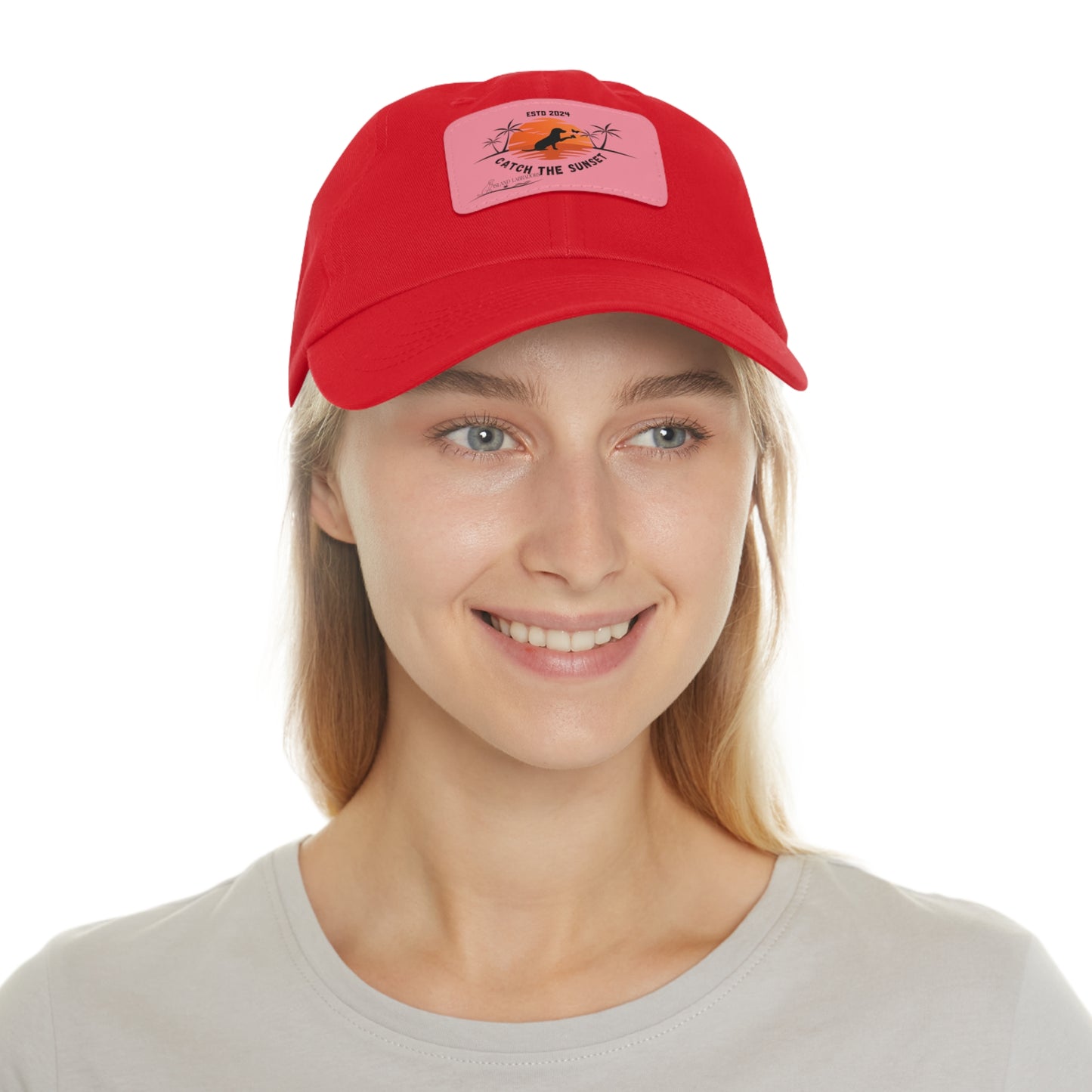 Catch the sunset, dog and butterfly, Dad Hat with Leather Patch (Rectangle)