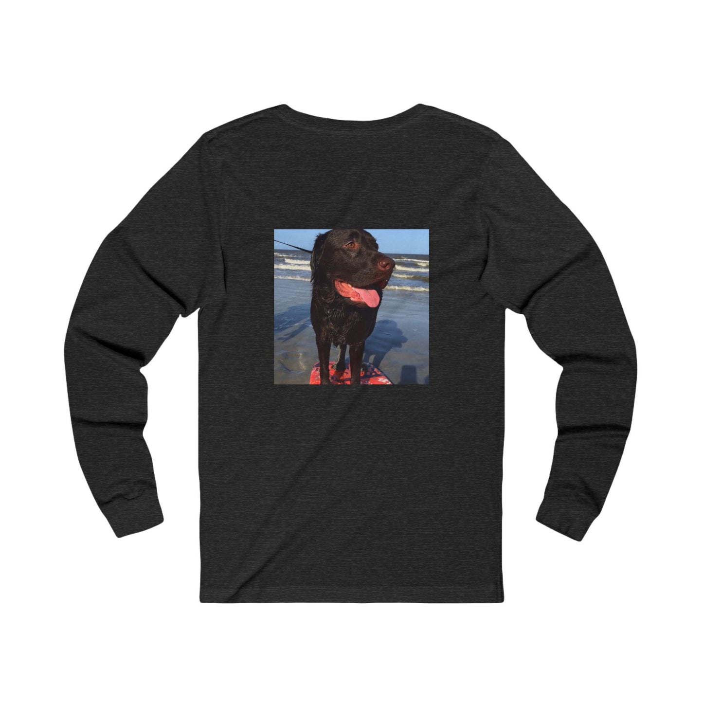 Caspian surfing at Jekyll Island, Chocolate Service dog, Unisex Jersey Long Sleeve Tee
