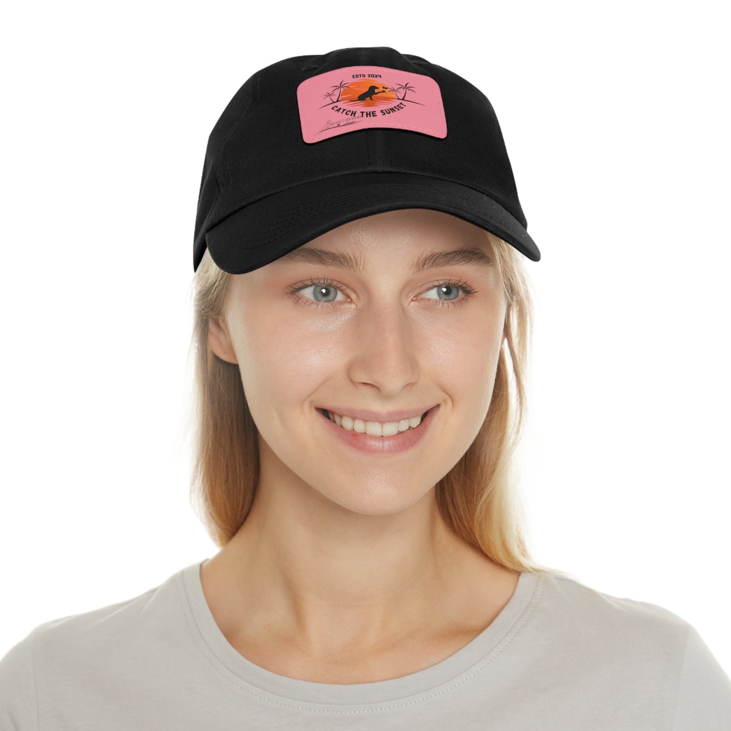 Catch the sunset, dog and butterfly, Dad Hat with Leather Patch (Rectangle)