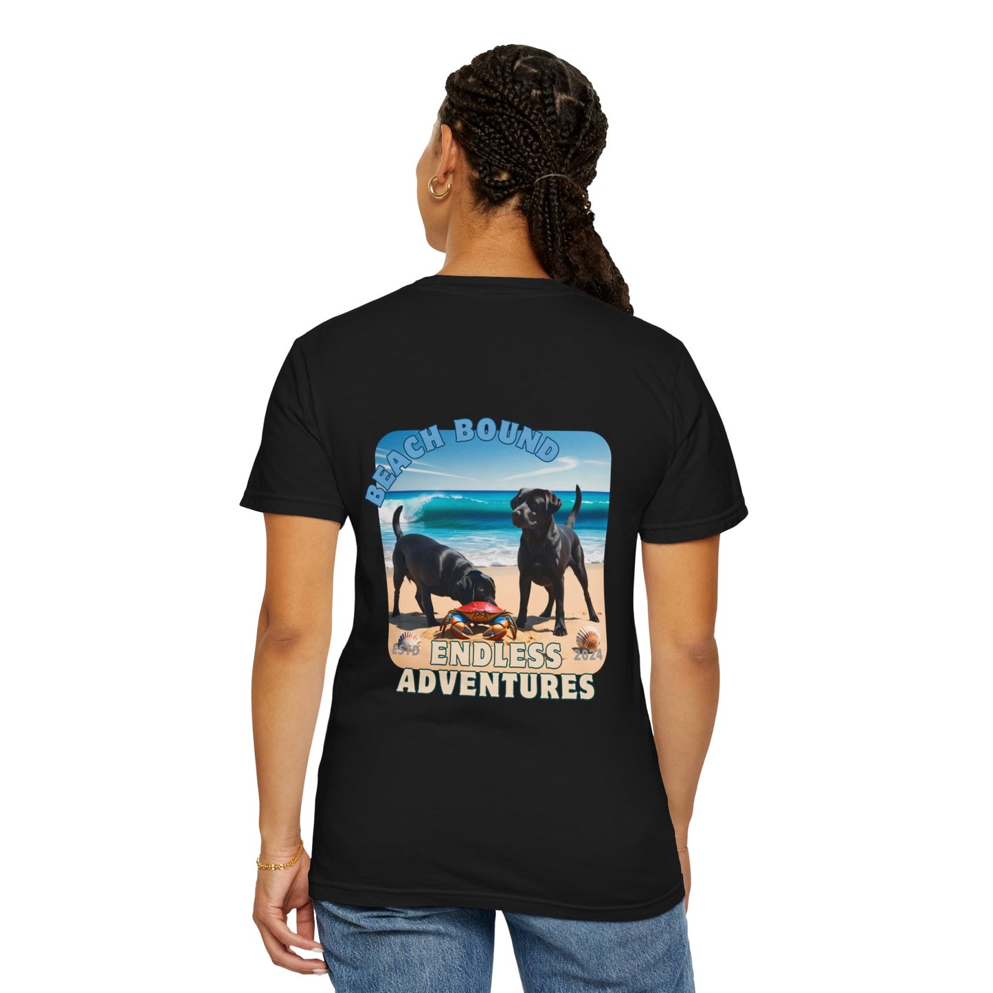 Jetty’s Adventures, Beach Bound, two labs , Unisex Garment-Dyed T-shirt