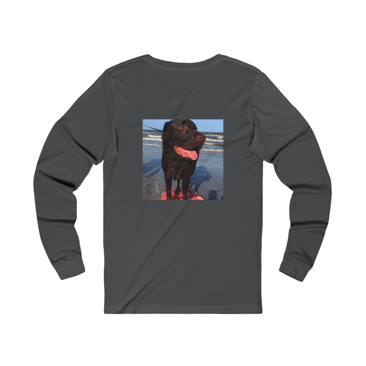 Caspian surfing at Jekyll Island, Chocolate Service dog, Unisex Jersey Long Sleeve Tee