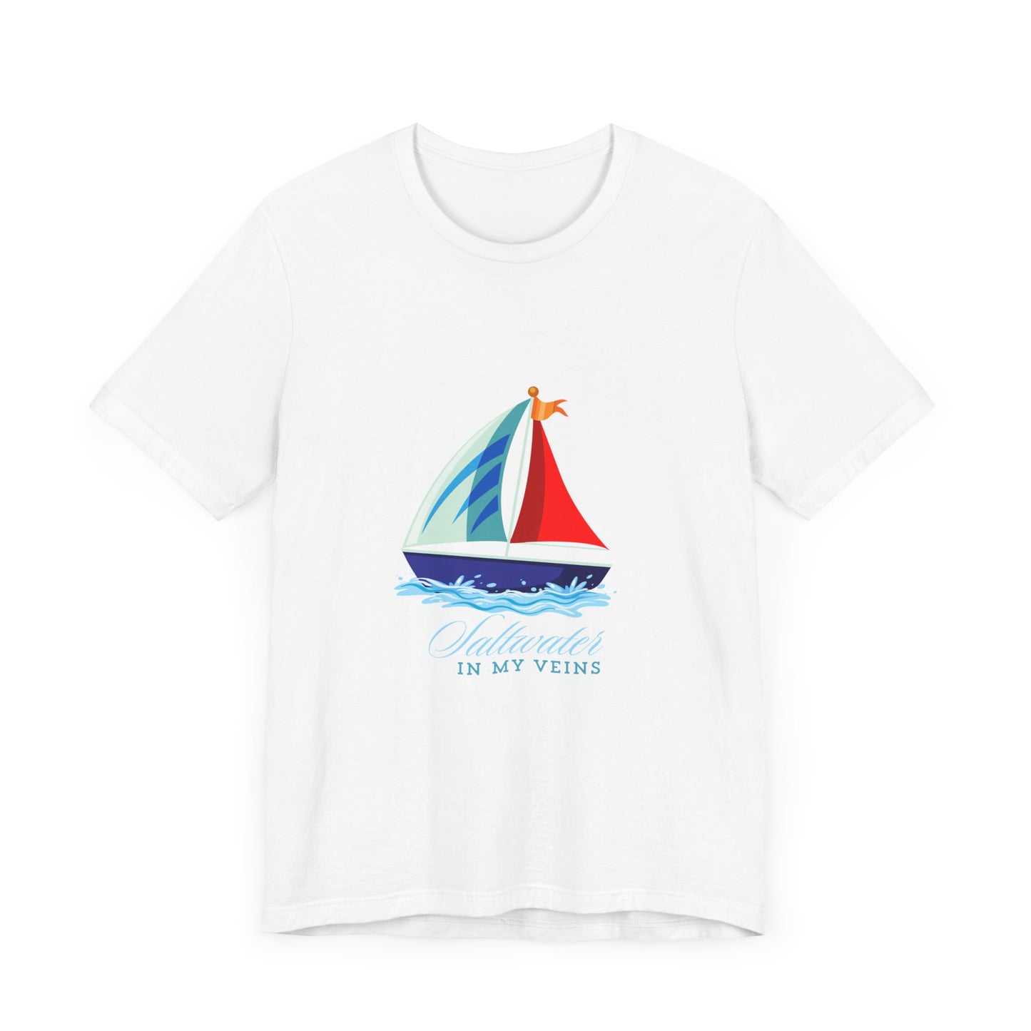Ocean-inspired tee with a sailboat 'Saltwater in My Veins' for true sea lovers