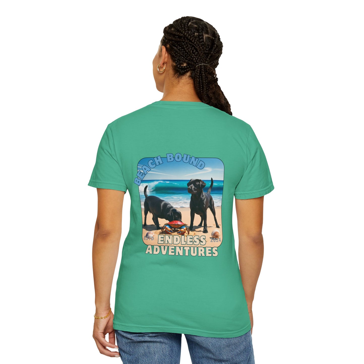 Jetty’s Adventures, Beach Bound, two labs , Unisex Garment-Dyed T-shirt