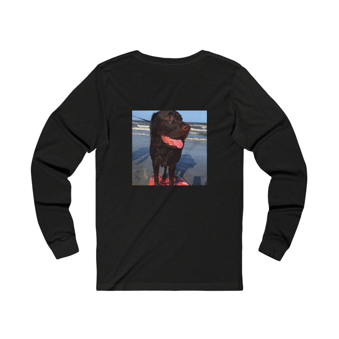 Caspian surfing at Jekyll Island, Chocolate Service dog, Unisex Jersey Long Sleeve Tee