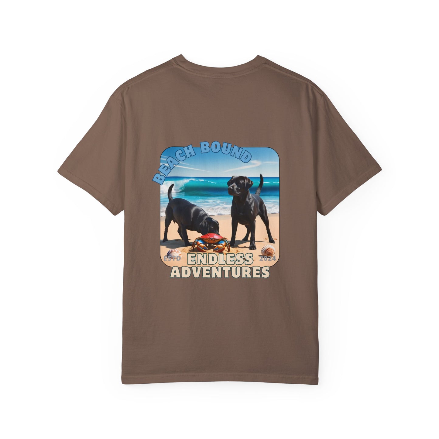 Jetty’s Adventures, Beach Bound, two labs , Unisex Garment-Dyed T-shirt