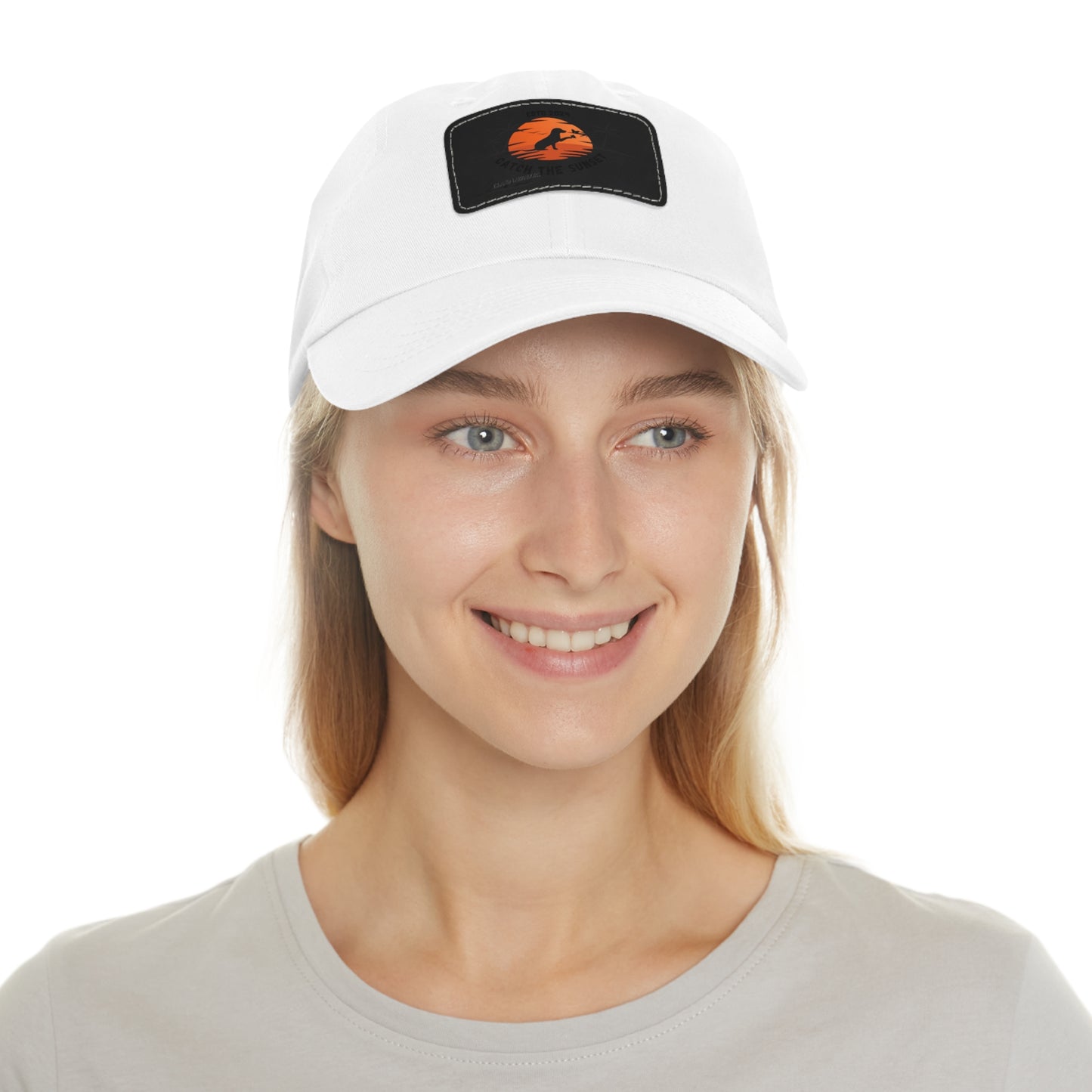 Catch the sunset, dog and butterfly, Dad Hat with Leather Patch (Rectangle)