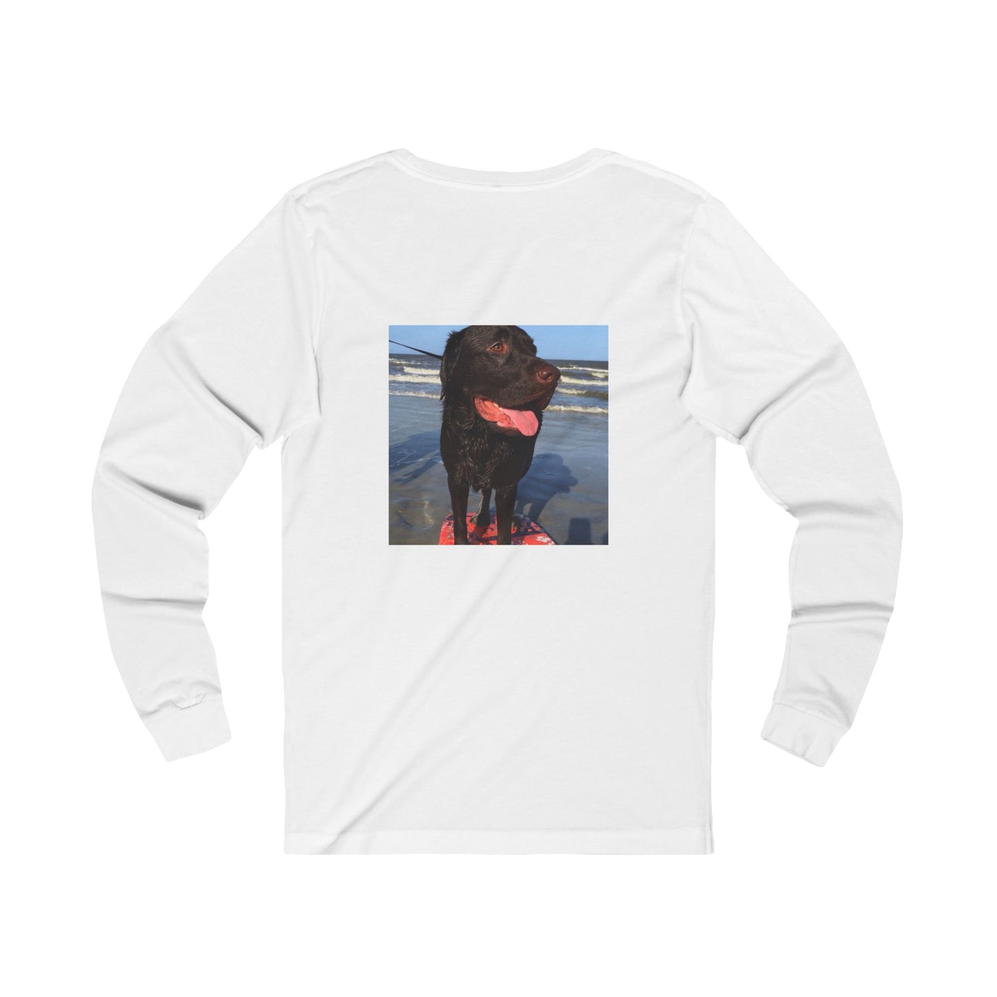 Caspian surfing at Jekyll Island, Chocolate Service dog, Unisex Jersey Long Sleeve Tee
