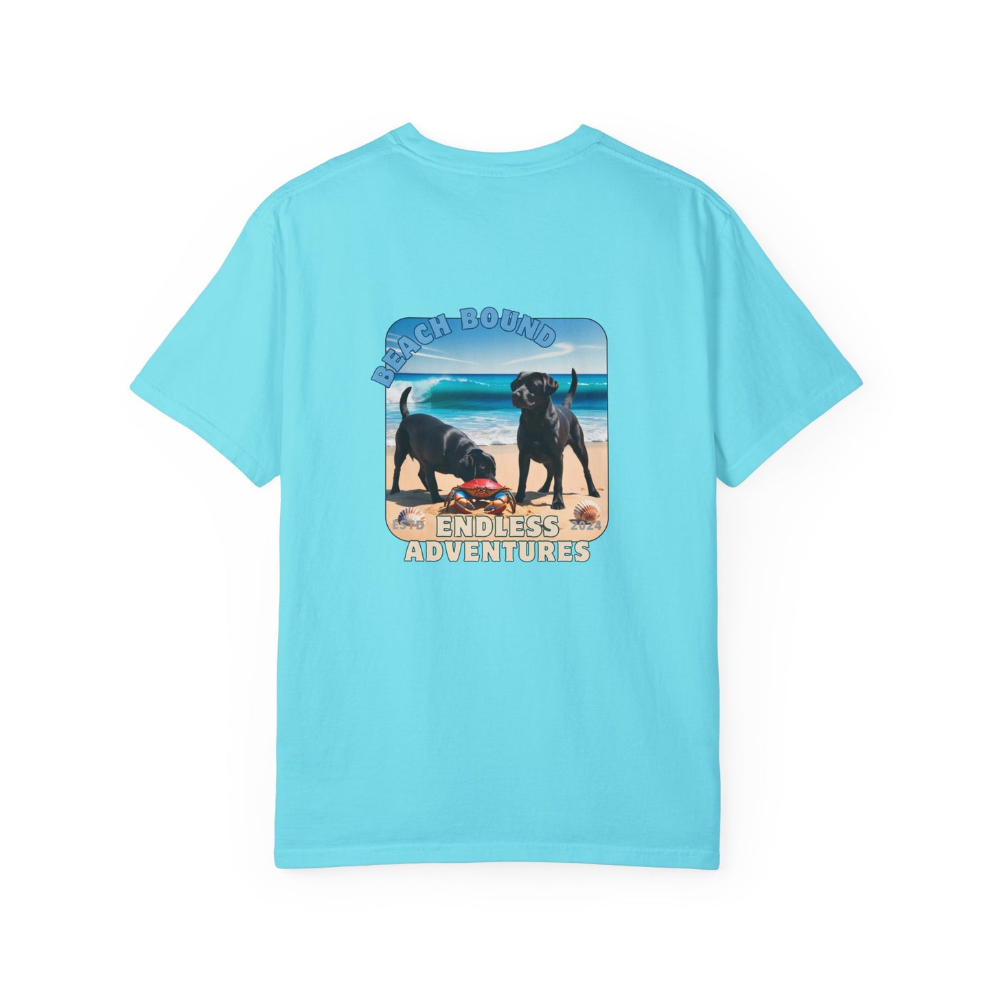Jetty’s Adventures, Beach Bound, two labs , Unisex Garment-Dyed T-shirt