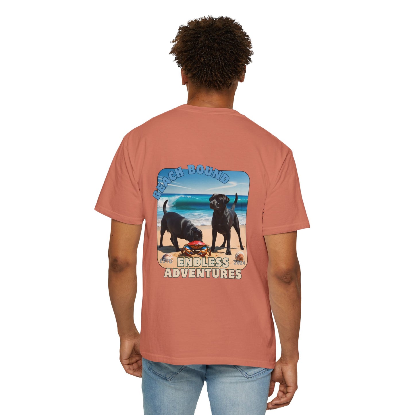 Jetty’s Adventures, Beach Bound, two labs , Unisex Garment-Dyed T-shirt