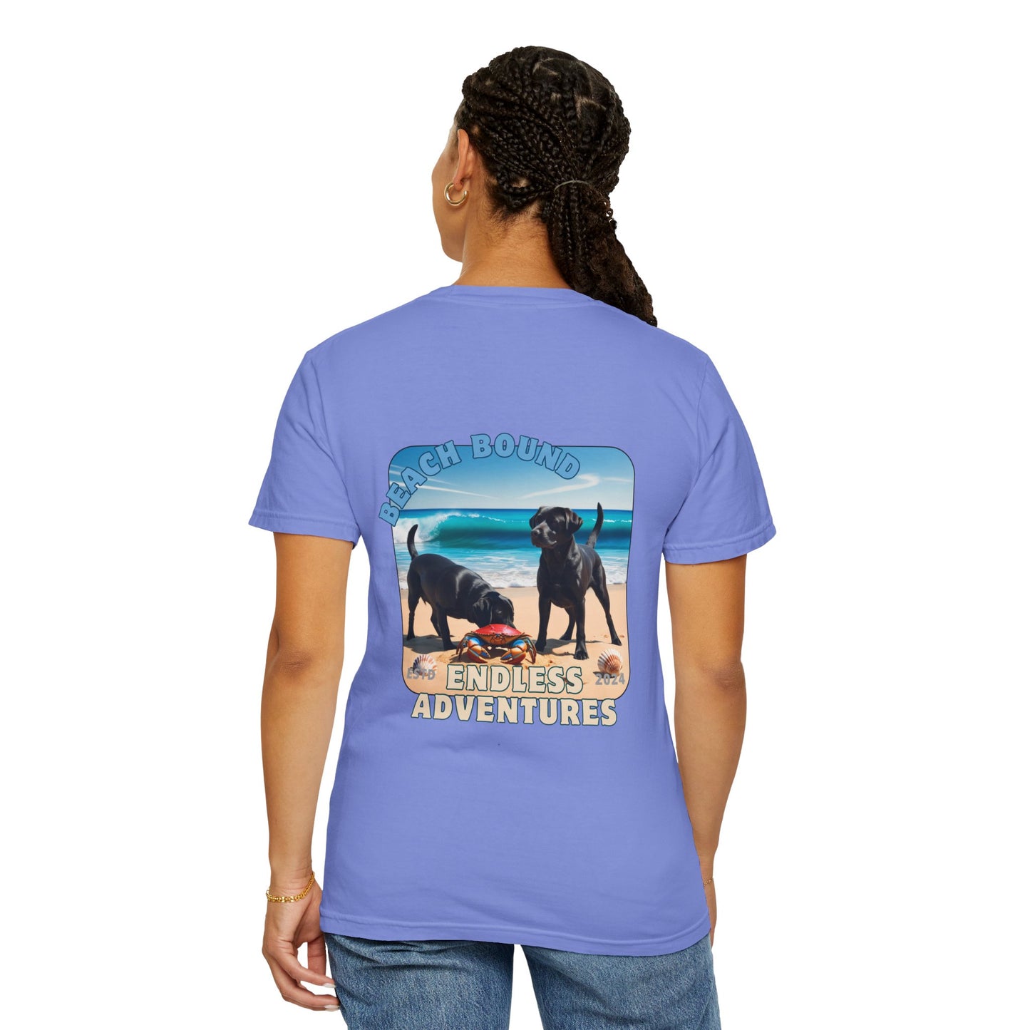 Jetty’s Adventures, Beach Bound, two labs , Unisex Garment-Dyed T-shirt