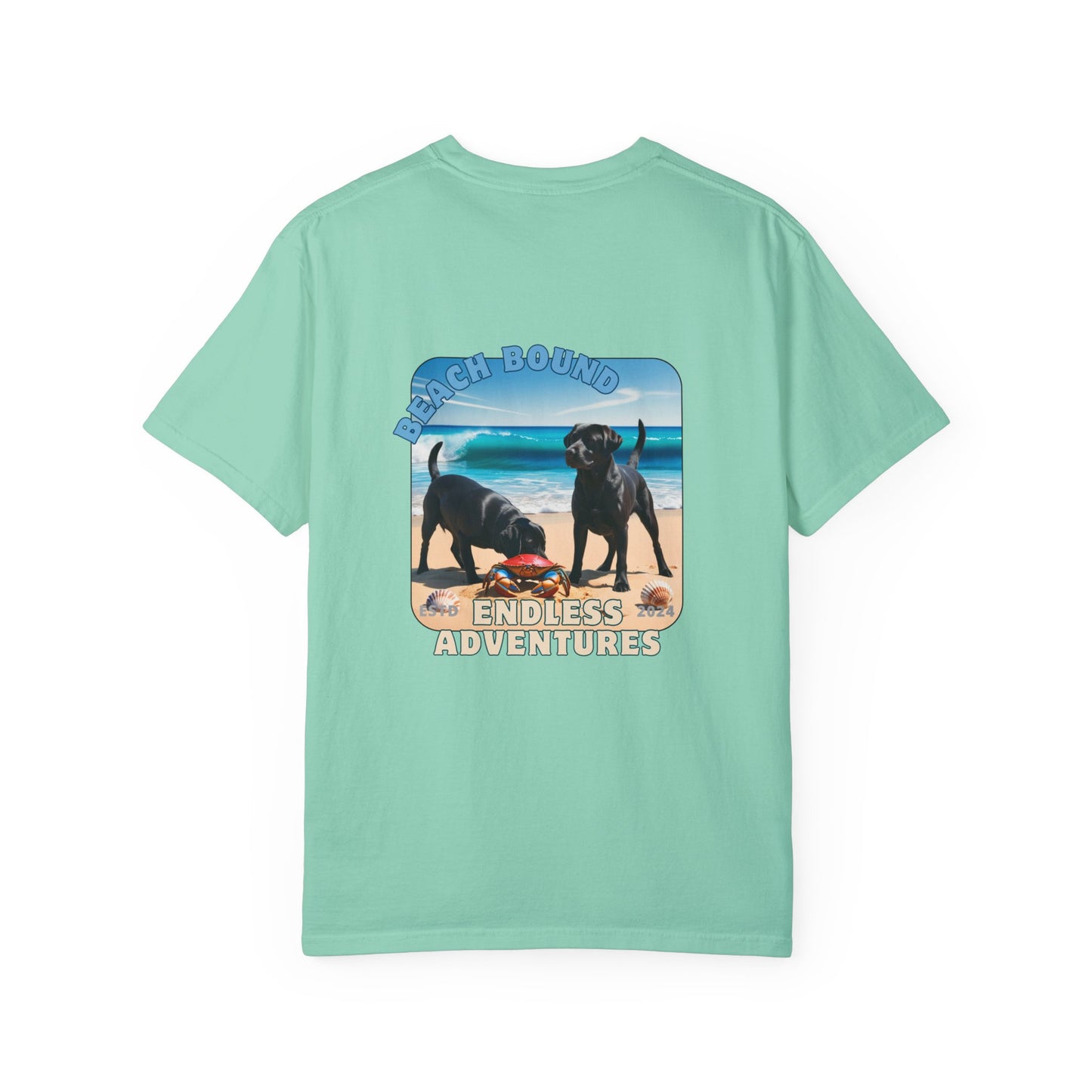 Jetty’s Adventures, Beach Bound, two labs , Unisex Garment-Dyed T-shirt