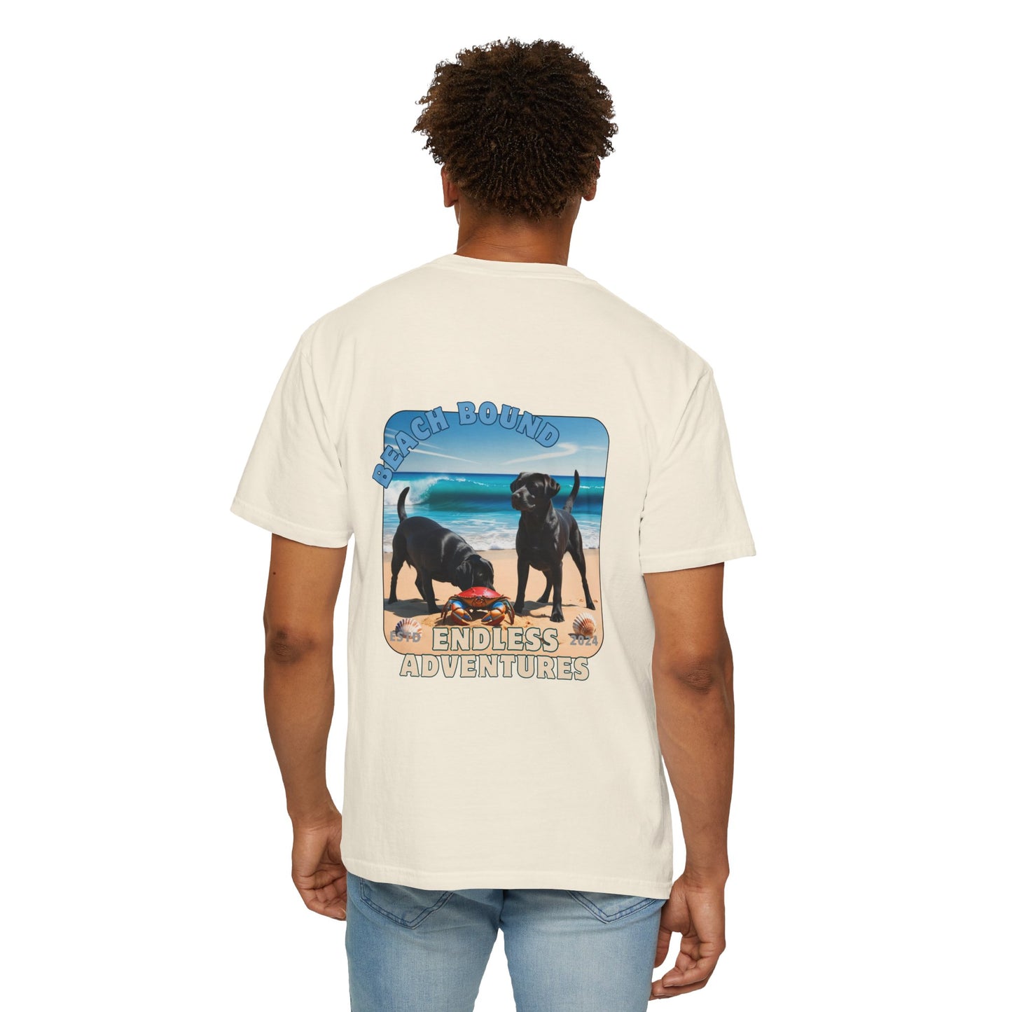 Jetty’s Adventures, Beach Bound, two labs , Unisex Garment-Dyed T-shirt