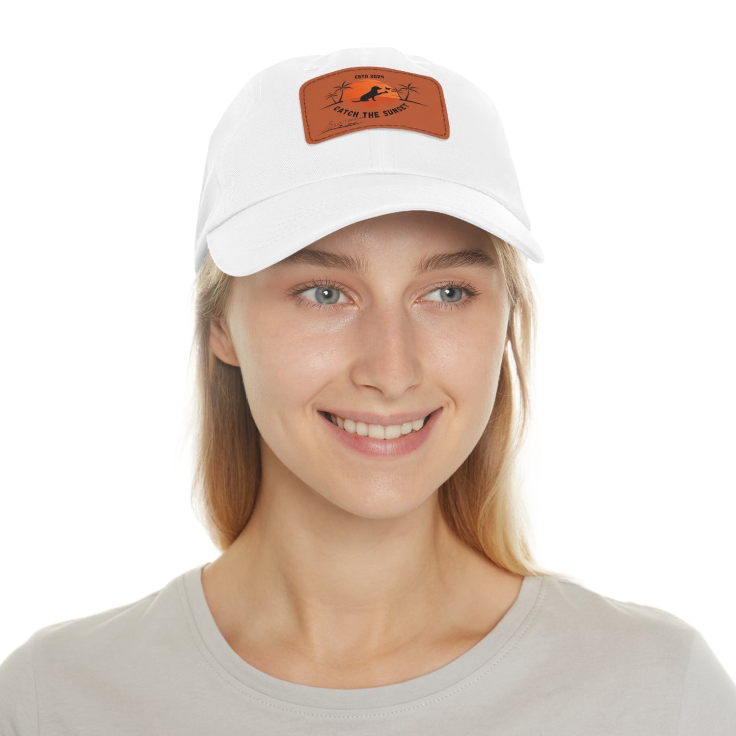 Catch the sunset, dog and butterfly, Dad Hat with Leather Patch (Rectangle)