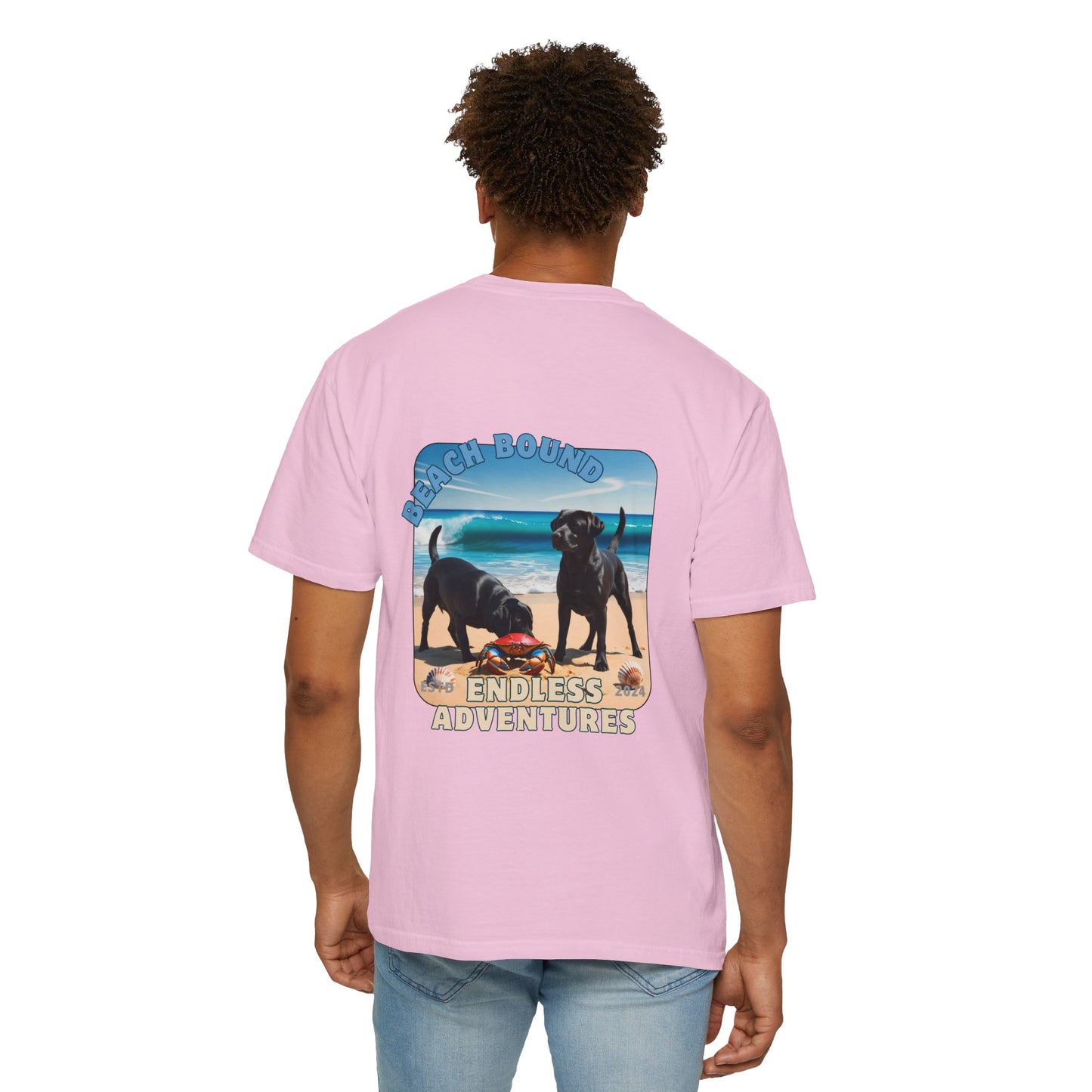 Jetty’s Adventures, Beach Bound, two labs , Unisex Garment-Dyed T-shirt