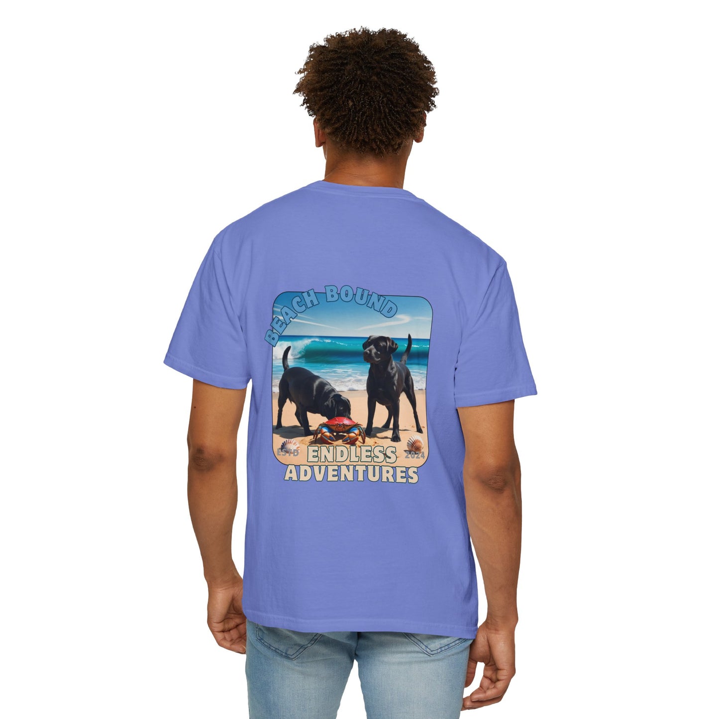 Jetty’s Adventures, Beach Bound, two labs , Unisex Garment-Dyed T-shirt