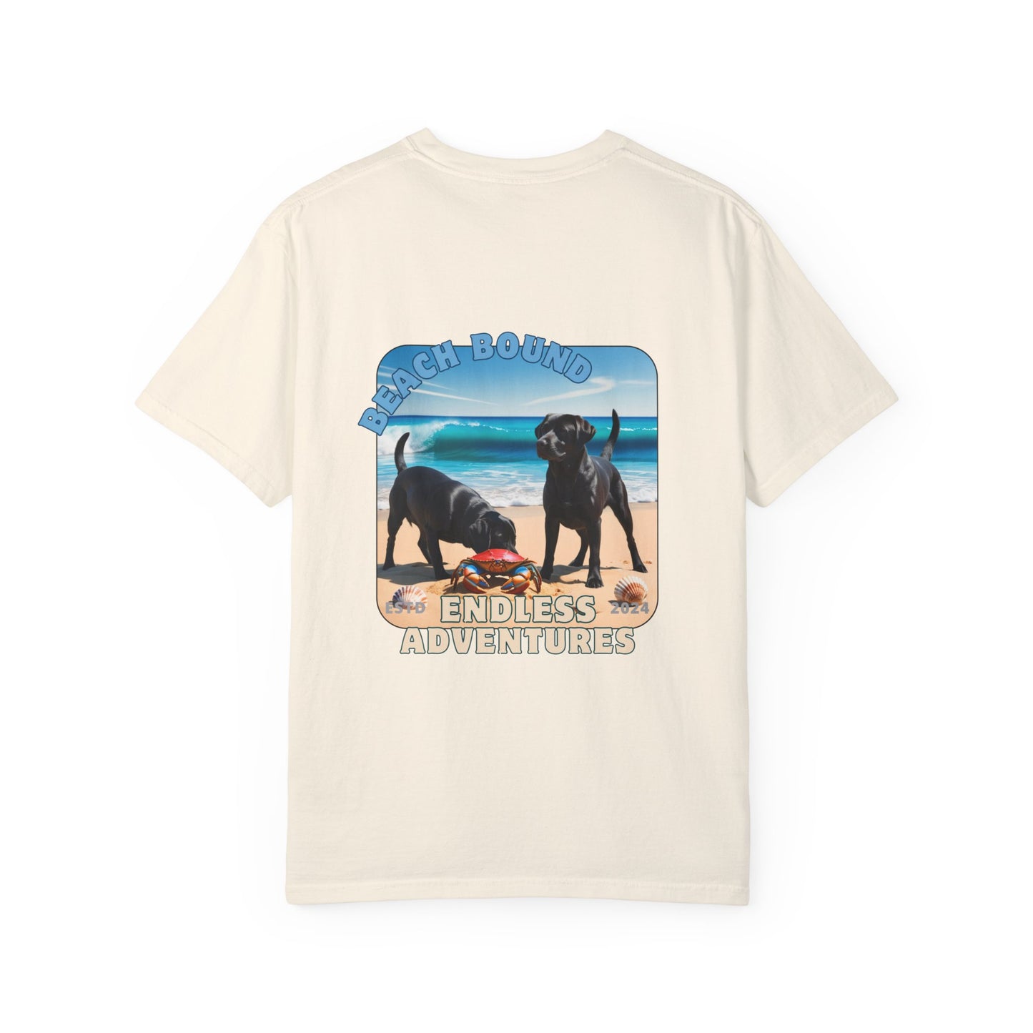 Jetty’s Adventures, Beach Bound, two labs , Unisex Garment-Dyed T-shirt