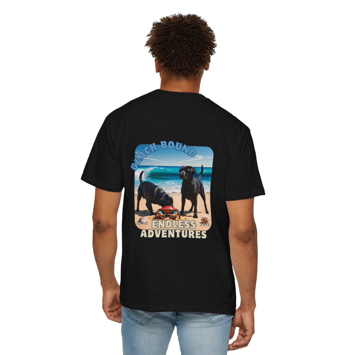 Jetty’s Adventures, Beach Bound, two labs , Unisex Garment-Dyed T-shirt