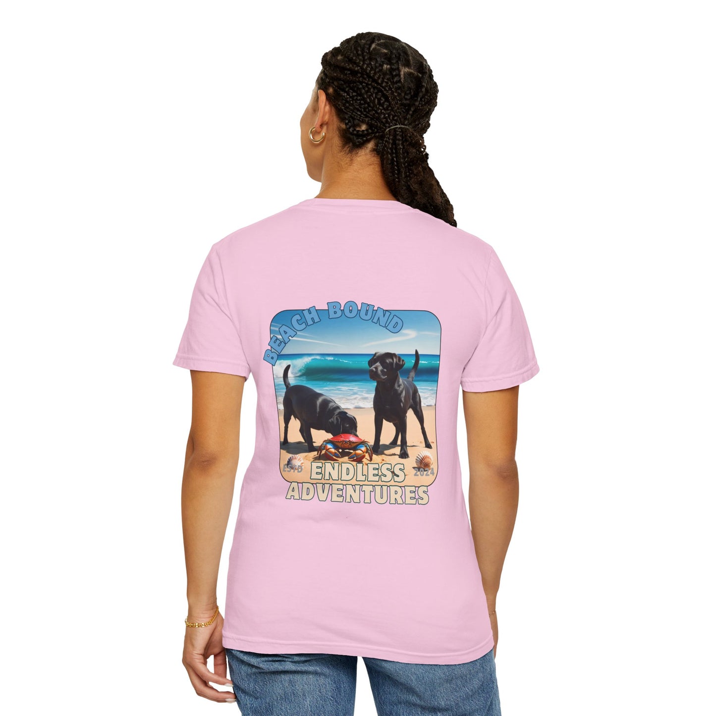 Jetty’s Adventures, Beach Bound, two labs , Unisex Garment-Dyed T-shirt