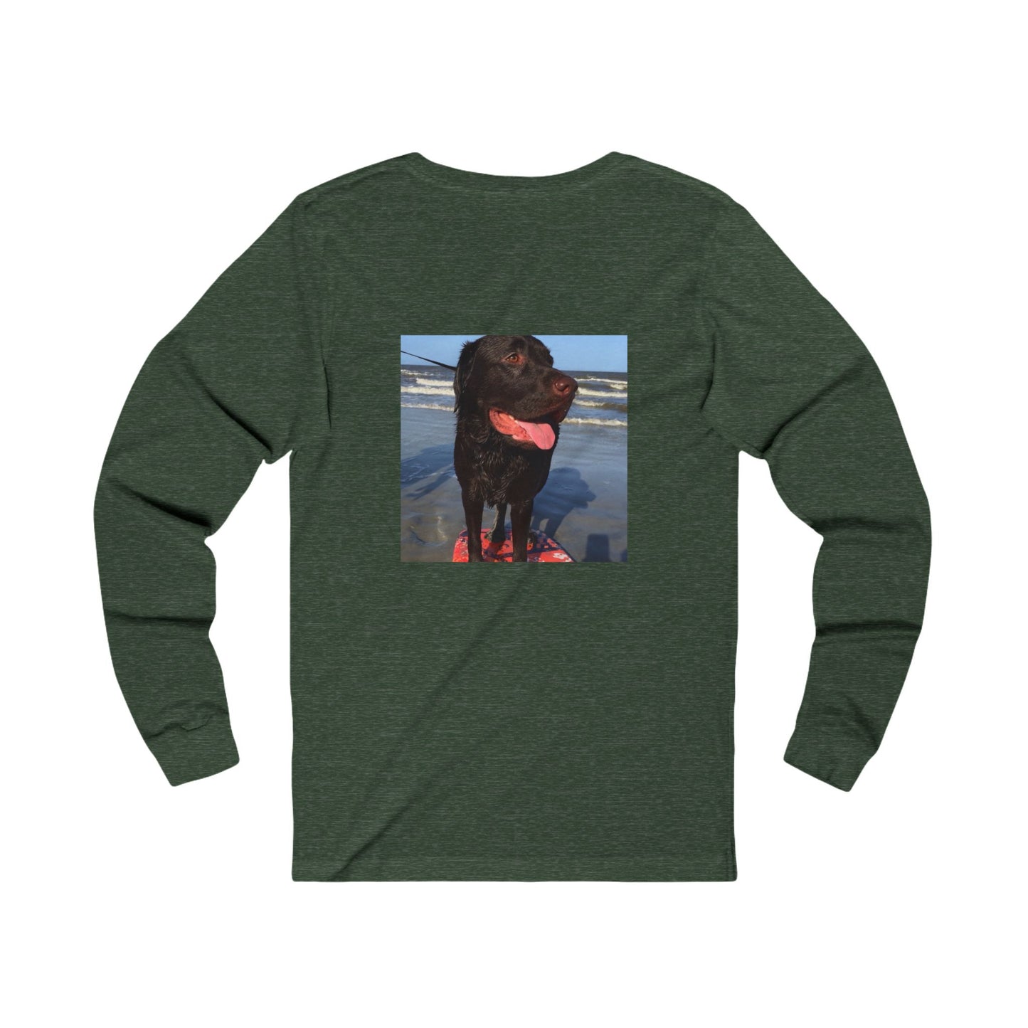Caspian surfing at Jekyll Island, Chocolate Service dog, Unisex Jersey Long Sleeve Tee