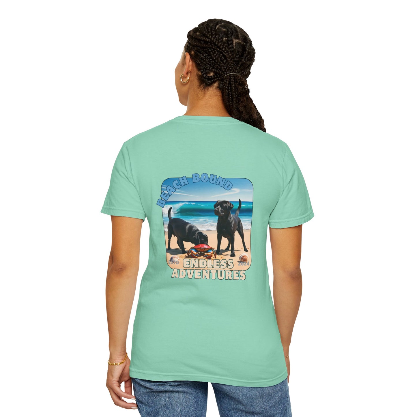 Jetty’s Adventures, Beach Bound, two labs , Unisex Garment-Dyed T-shirt