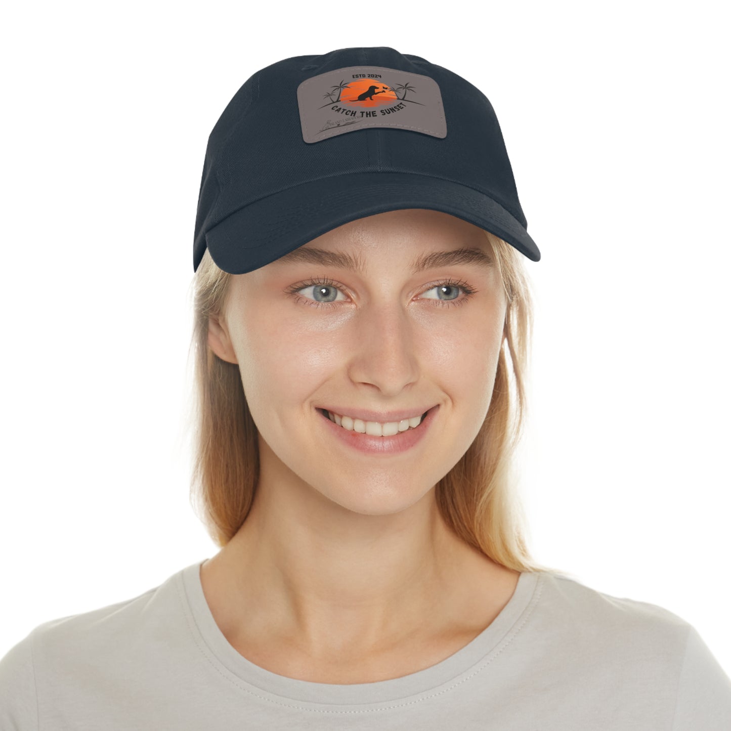 Catch the sunset, dog and butterfly, Dad Hat with Leather Patch (Rectangle)