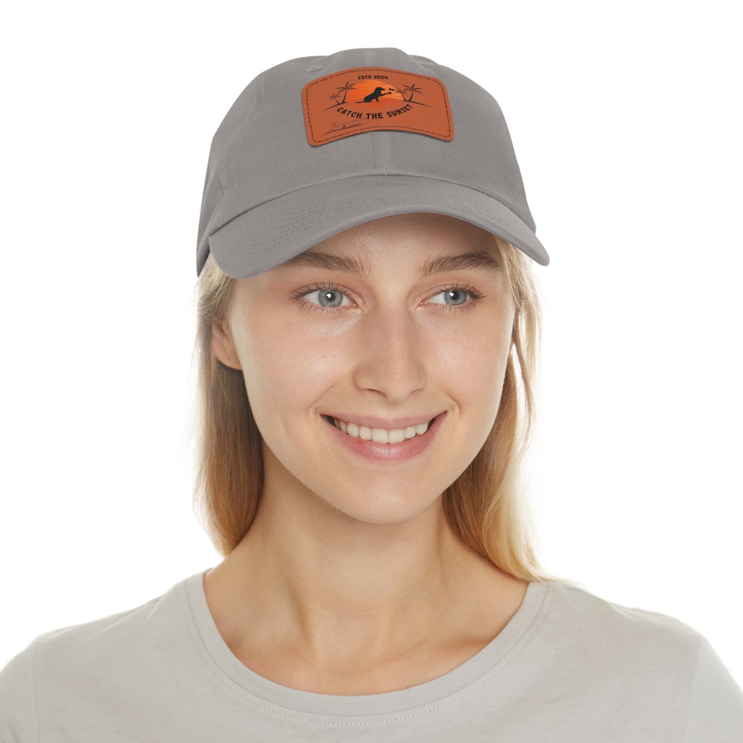 Catch the sunset, dog and butterfly, Dad Hat with Leather Patch (Rectangle)