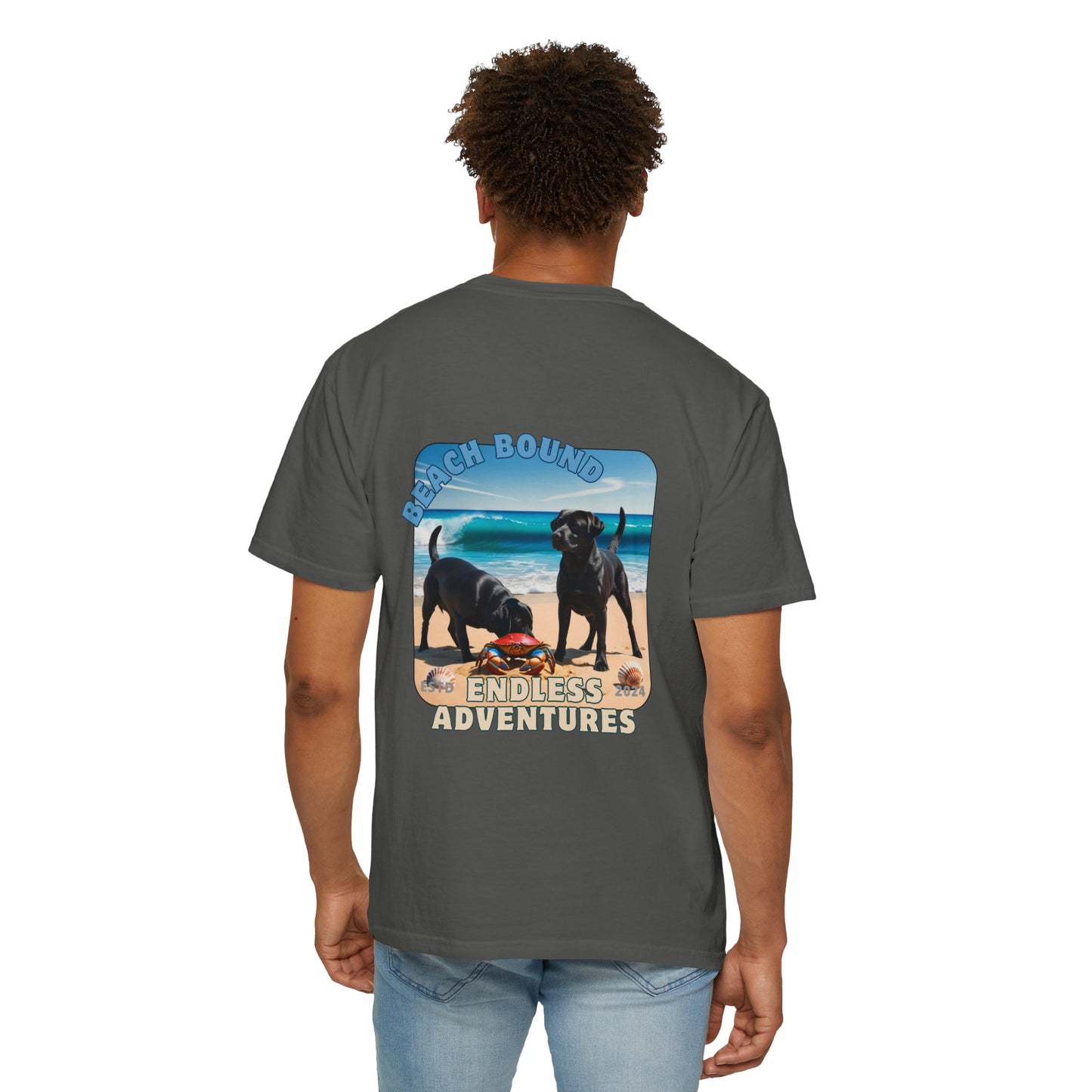 Jetty’s Adventures, Beach Bound, two labs , Unisex Garment-Dyed T-shirt
