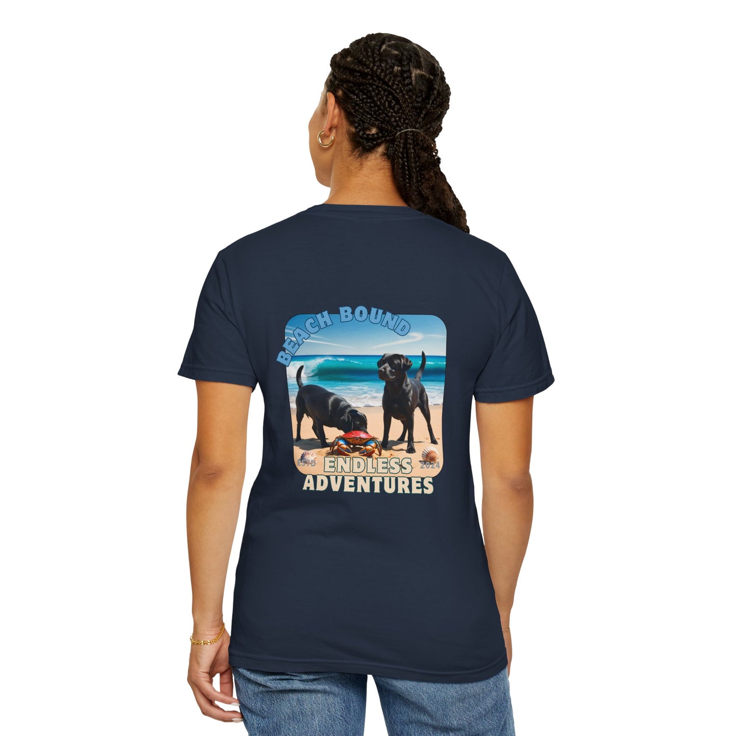 Jetty’s Adventures, Beach Bound, two labs , Unisex Garment-Dyed T-shirt