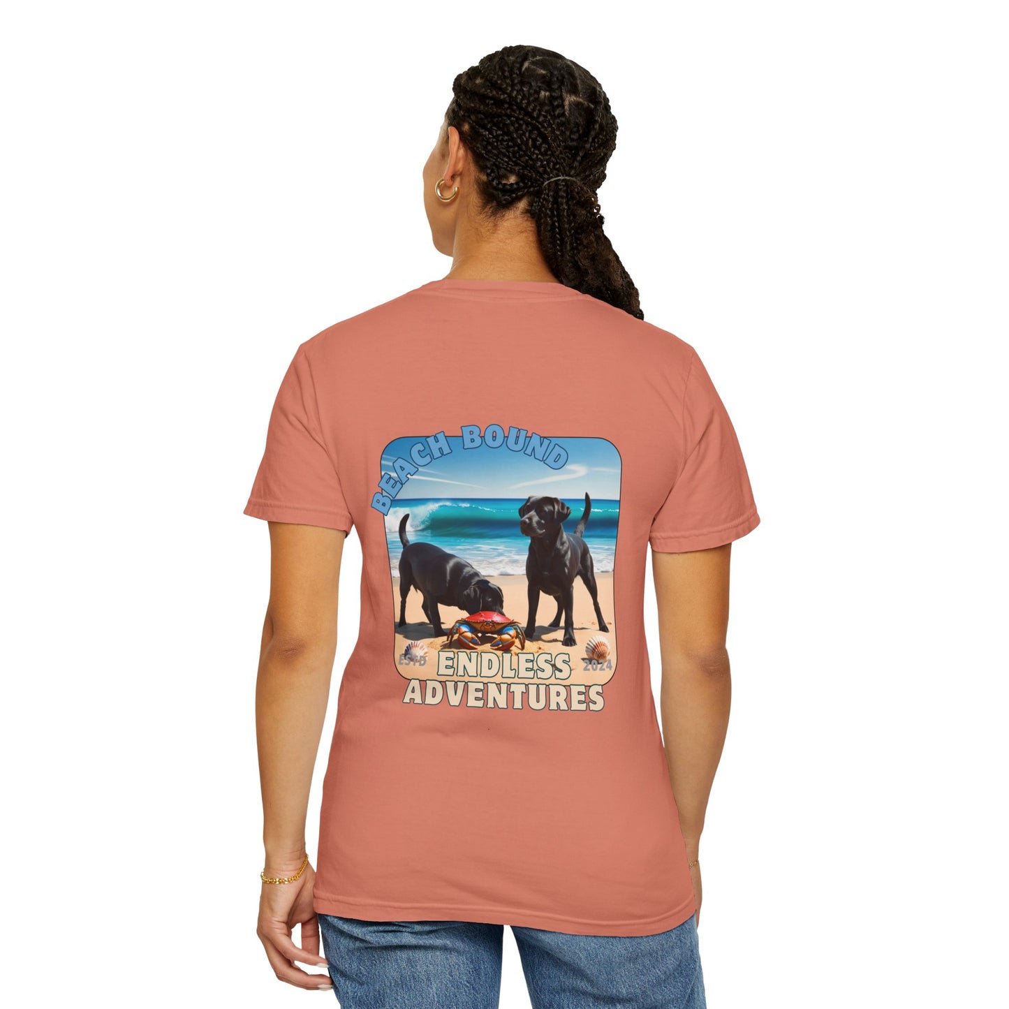 Jetty’s Adventures, Beach Bound, two labs , Unisex Garment-Dyed T-shirt