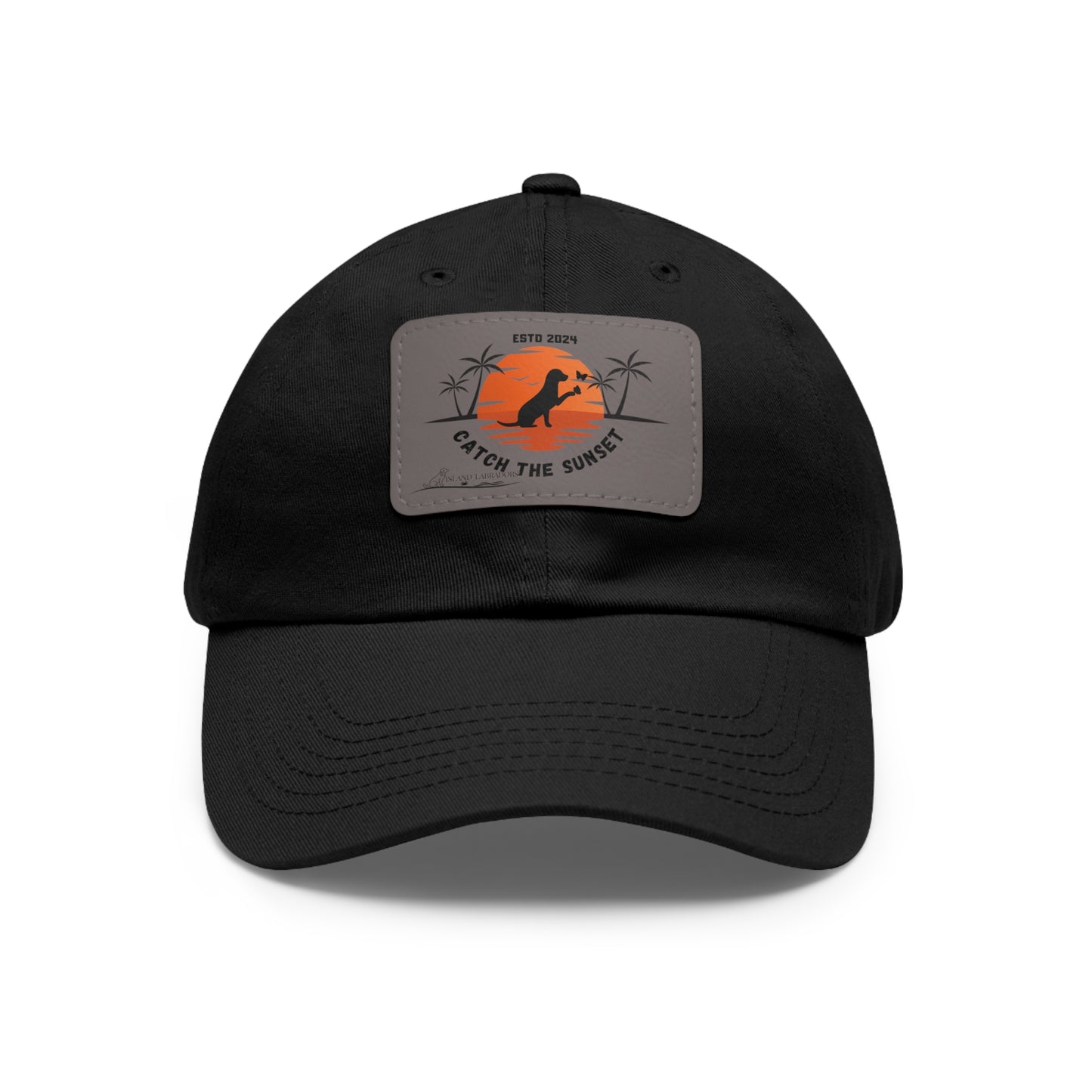 Catch the sunset, dog and butterfly, Dad Hat with Leather Patch (Rectangle)