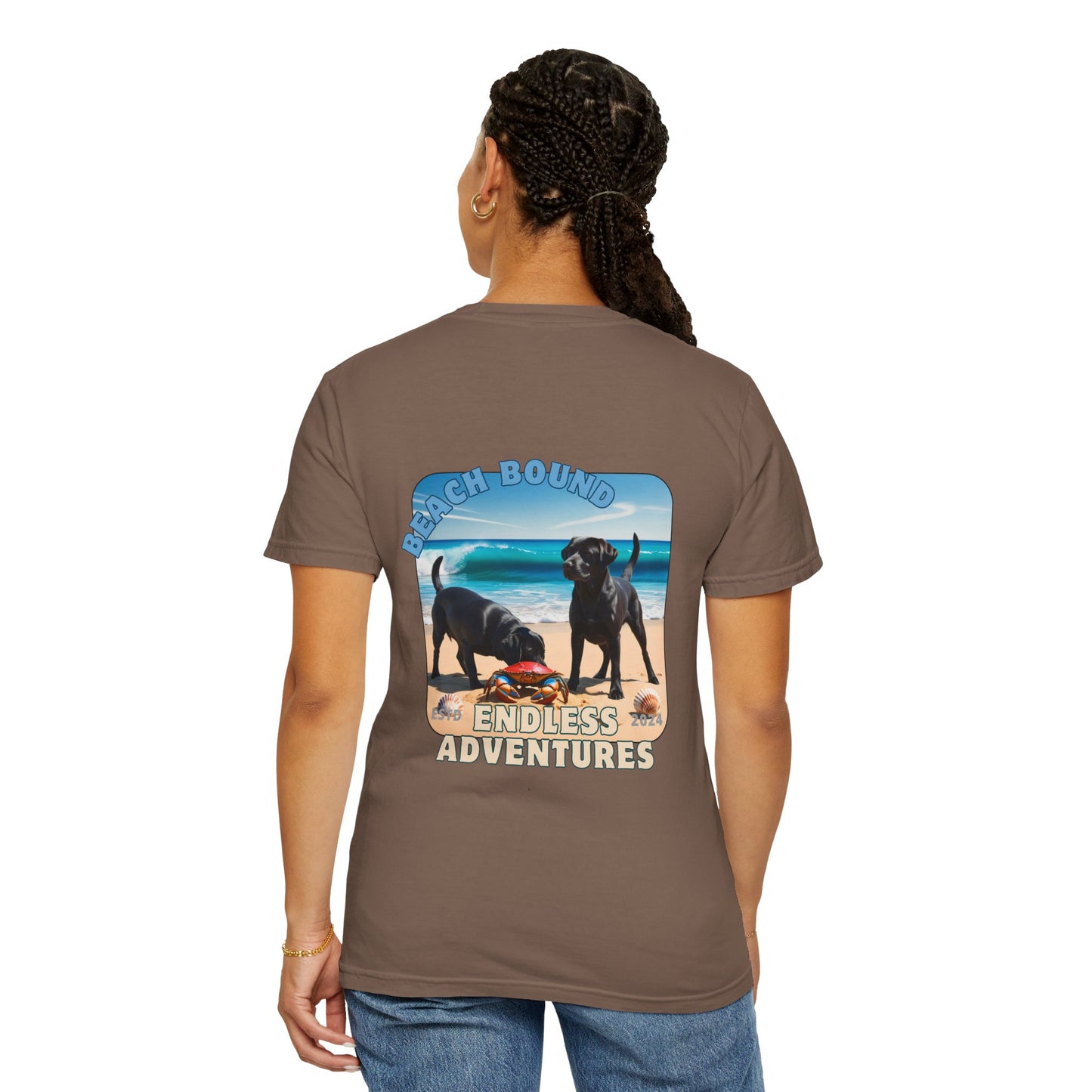 Jetty’s Adventures, Beach Bound, two labs , Unisex Garment-Dyed T-shirt
