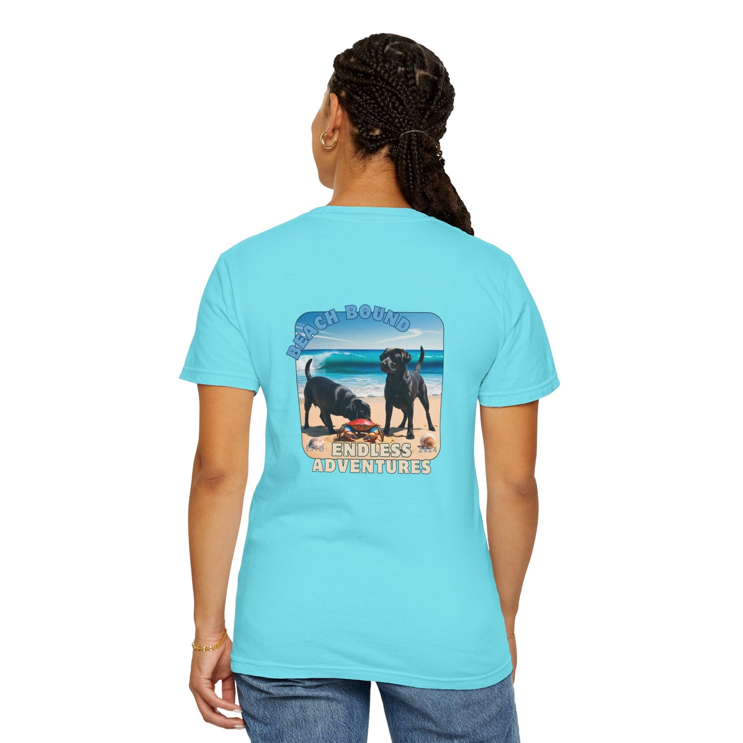 Jetty’s Adventures, Beach Bound, two labs , Unisex Garment-Dyed T-shirt