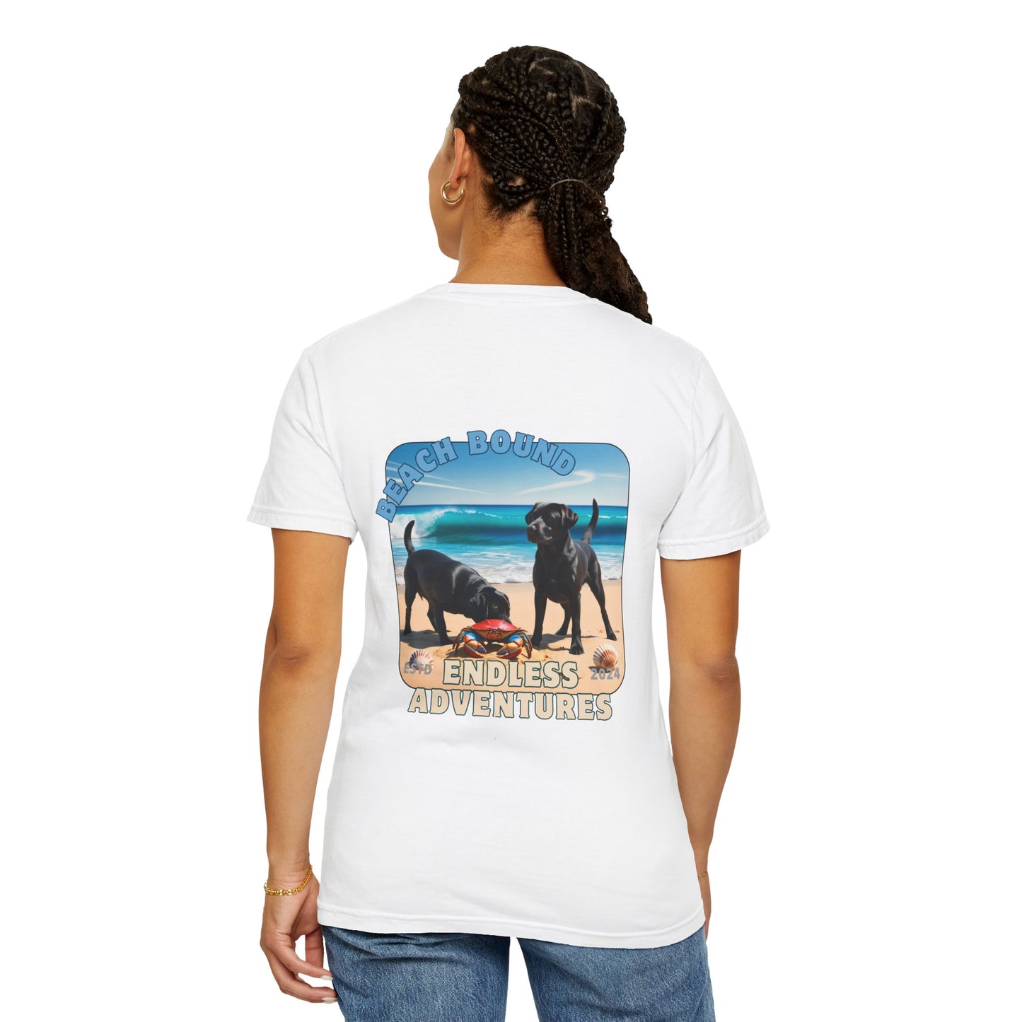 Jetty’s Adventures, Beach Bound, two labs , Unisex Garment-Dyed T-shirt
