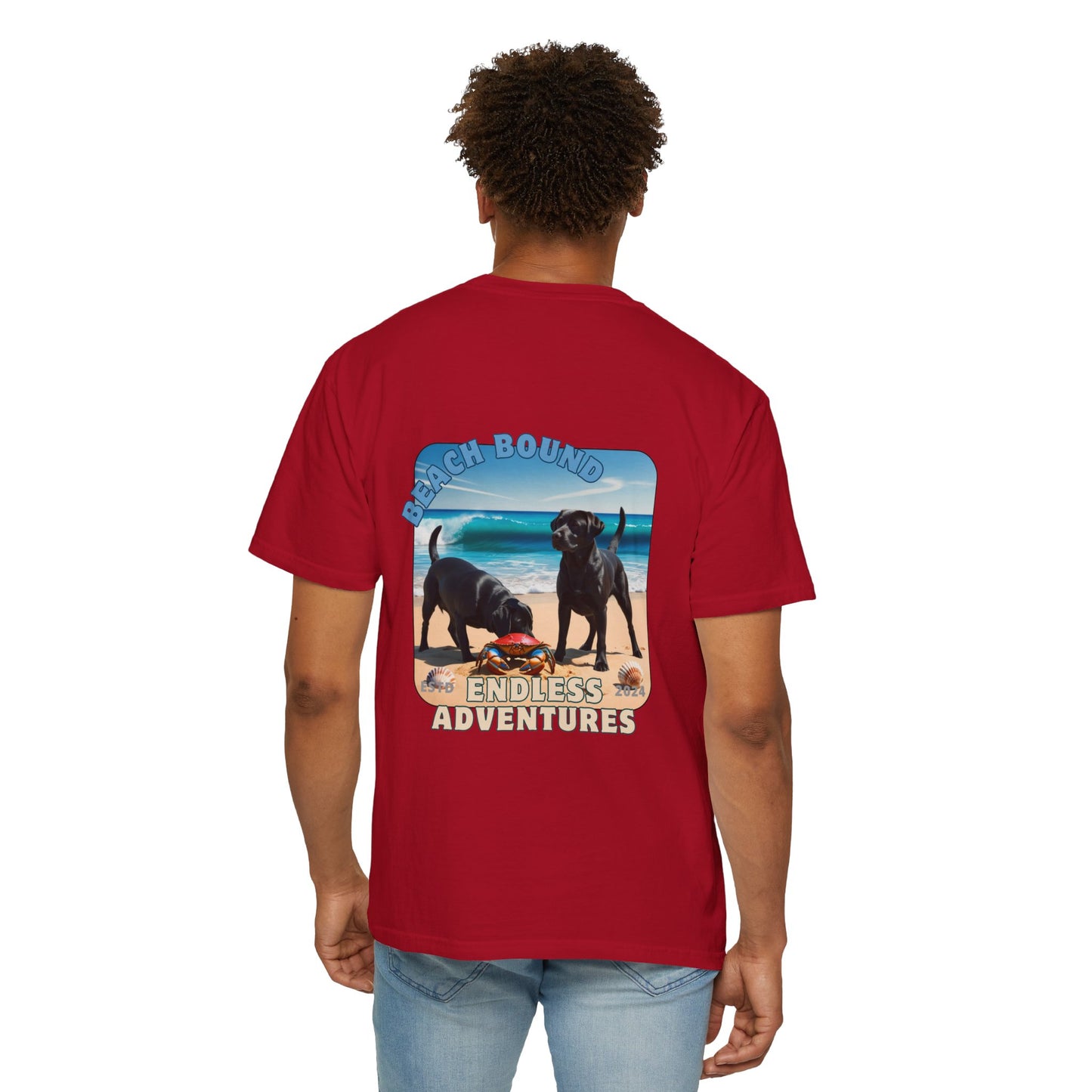 Jetty’s Adventures, Beach Bound, two labs , Unisex Garment-Dyed T-shirt