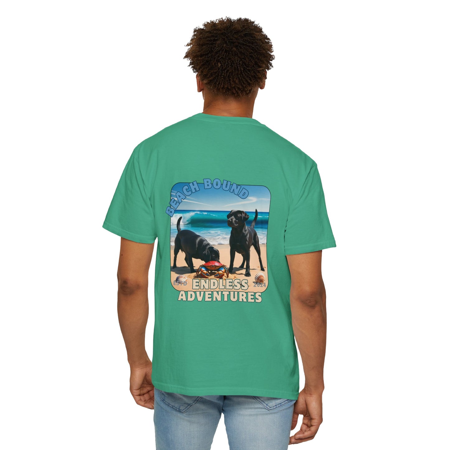 Jetty’s Adventures, Beach Bound, two labs , Unisex Garment-Dyed T-shirt