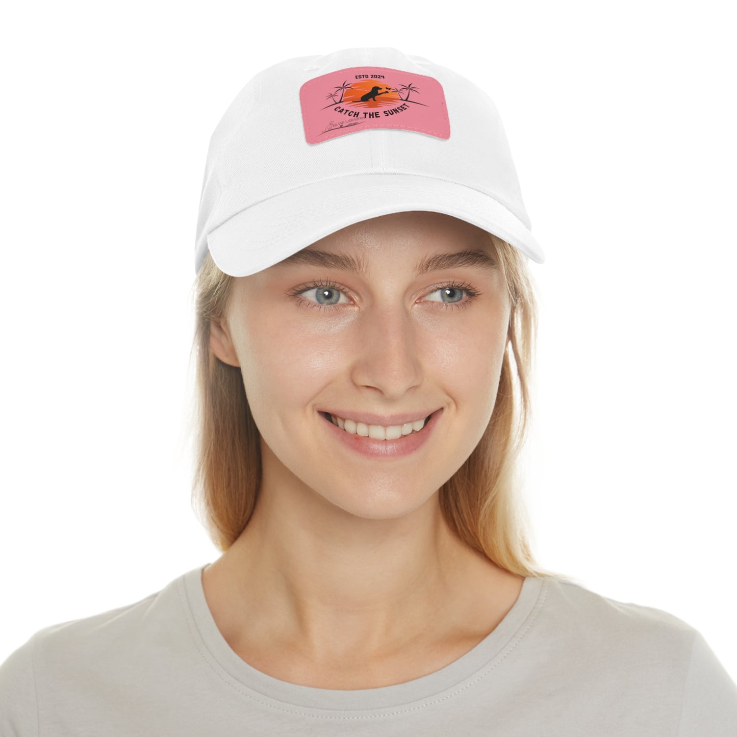 Catch the sunset, dog and butterfly, Dad Hat with Leather Patch (Rectangle)