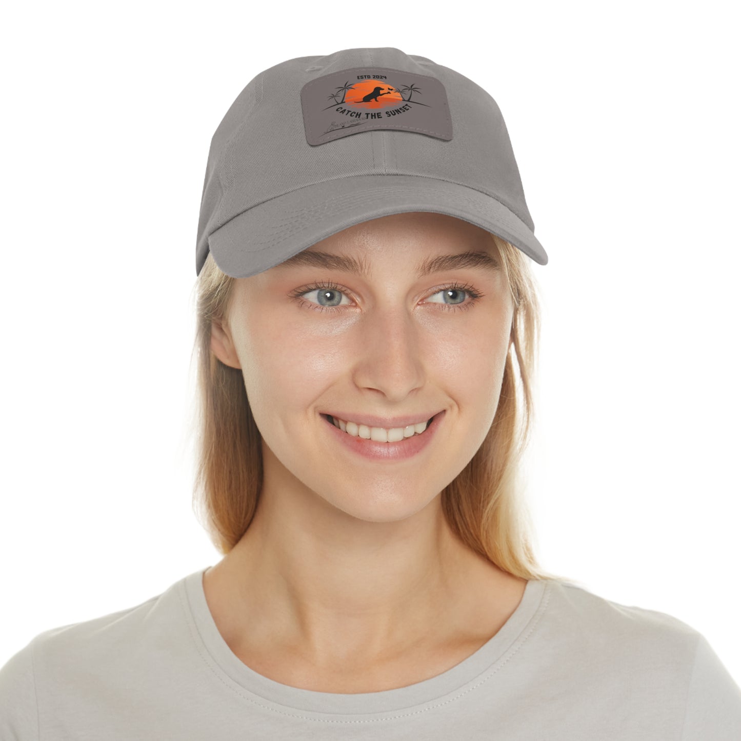 Catch the sunset, dog and butterfly, Dad Hat with Leather Patch (Rectangle)