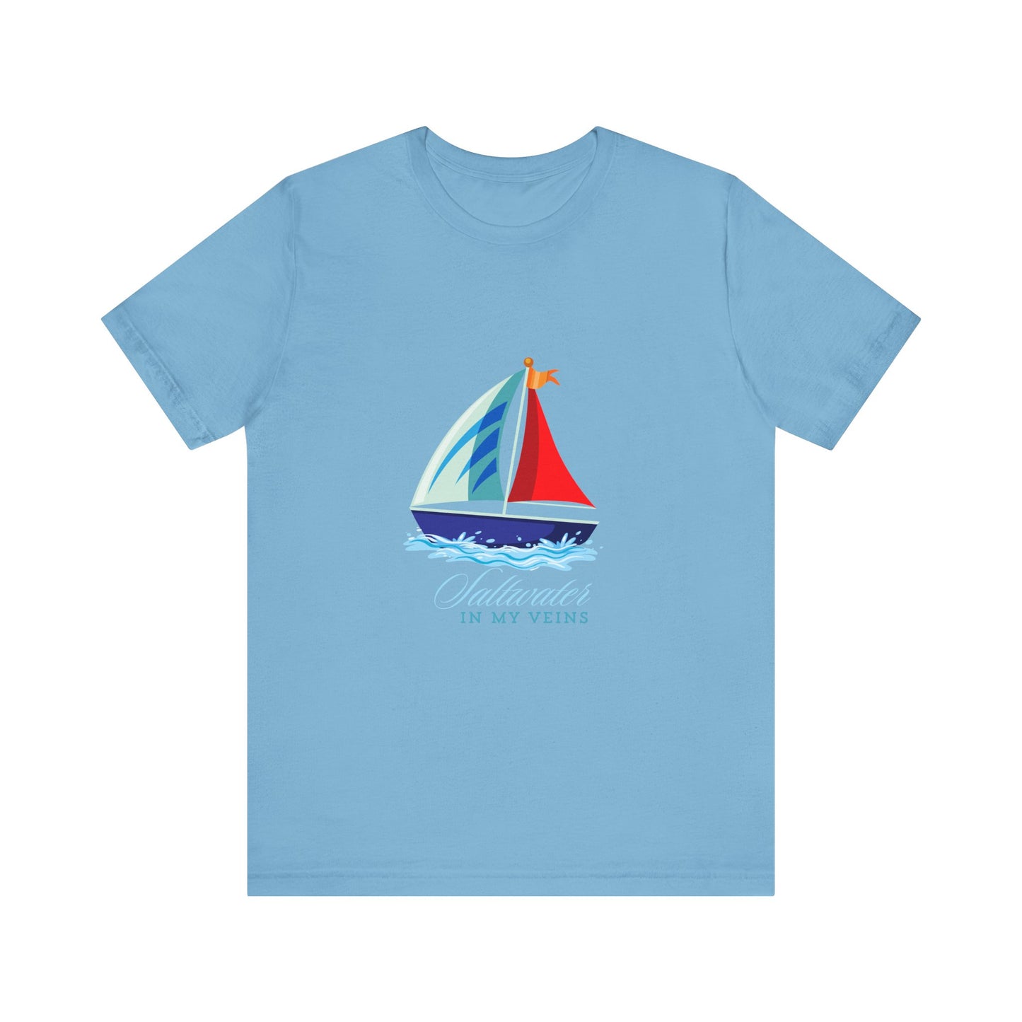 Ocean-inspired tee with a sailboat 'Saltwater in My Veins' for true sea lovers