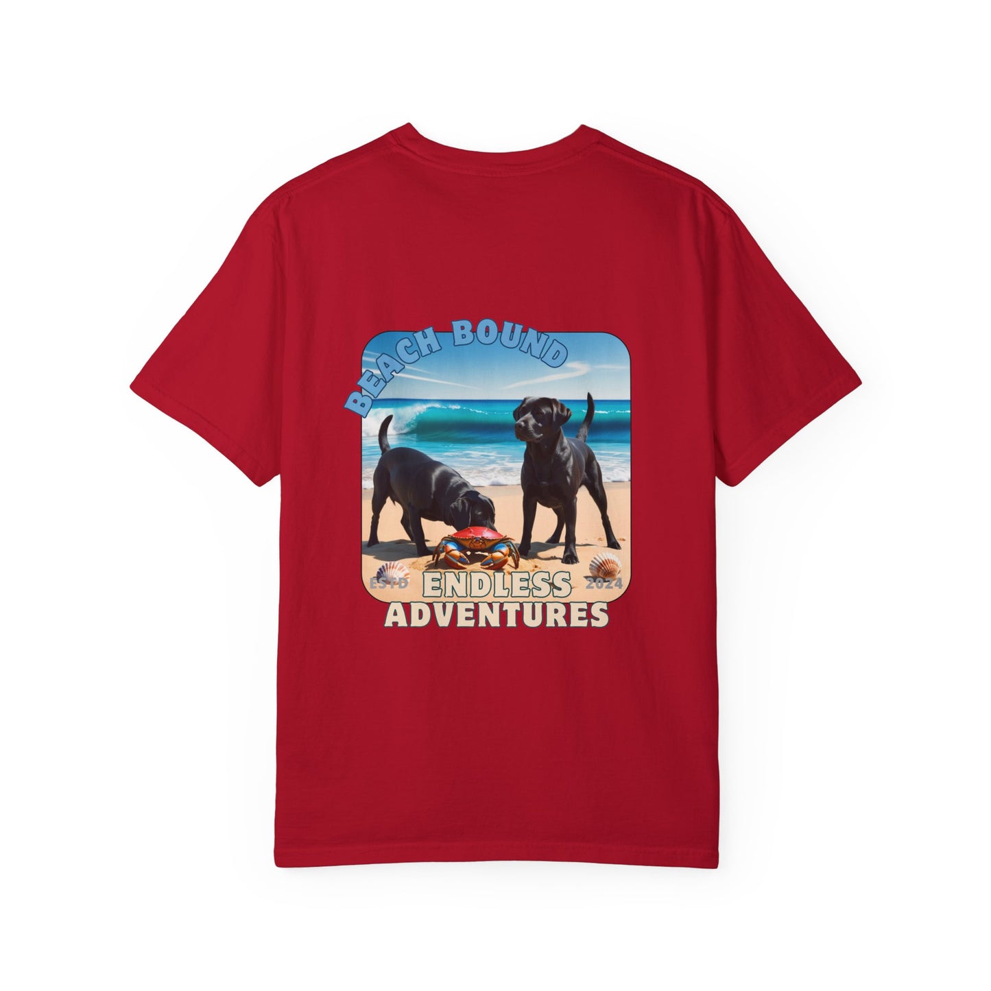 Jetty’s Adventures, Beach Bound, two labs , Unisex Garment-Dyed T-shirt