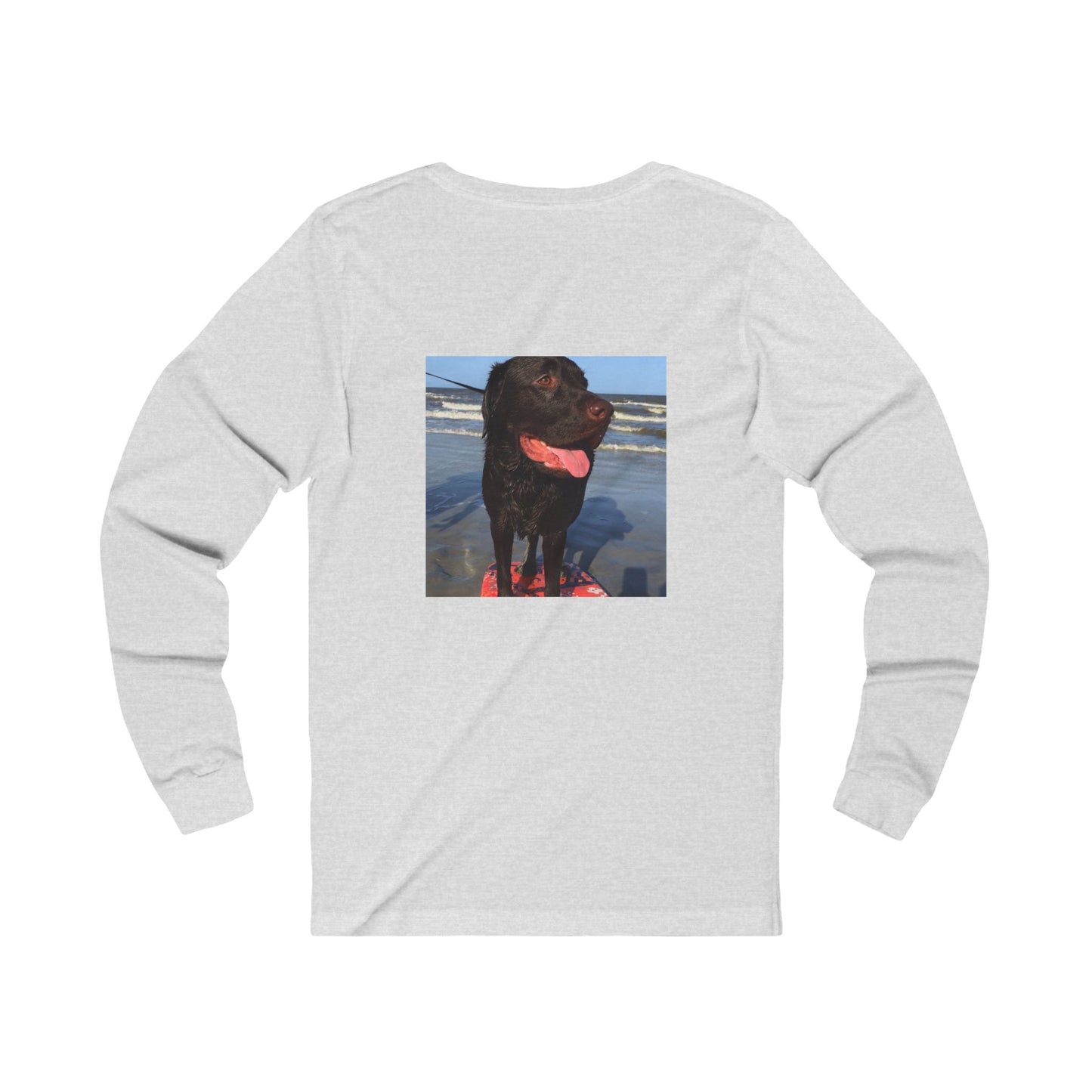 Caspian surfing at Jekyll Island, Chocolate Service dog, Unisex Jersey Long Sleeve Tee