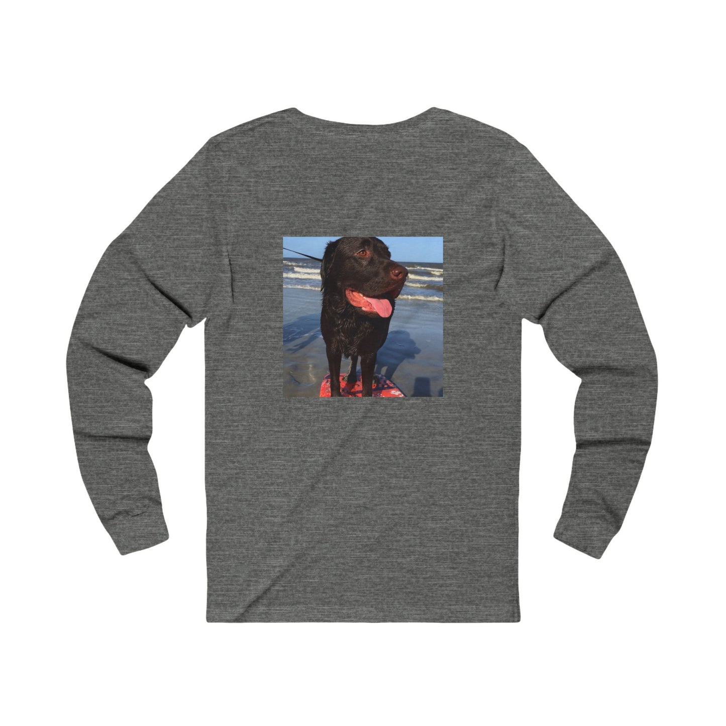 Caspian surfing at Jekyll Island, Chocolate Service dog, Unisex Jersey Long Sleeve Tee